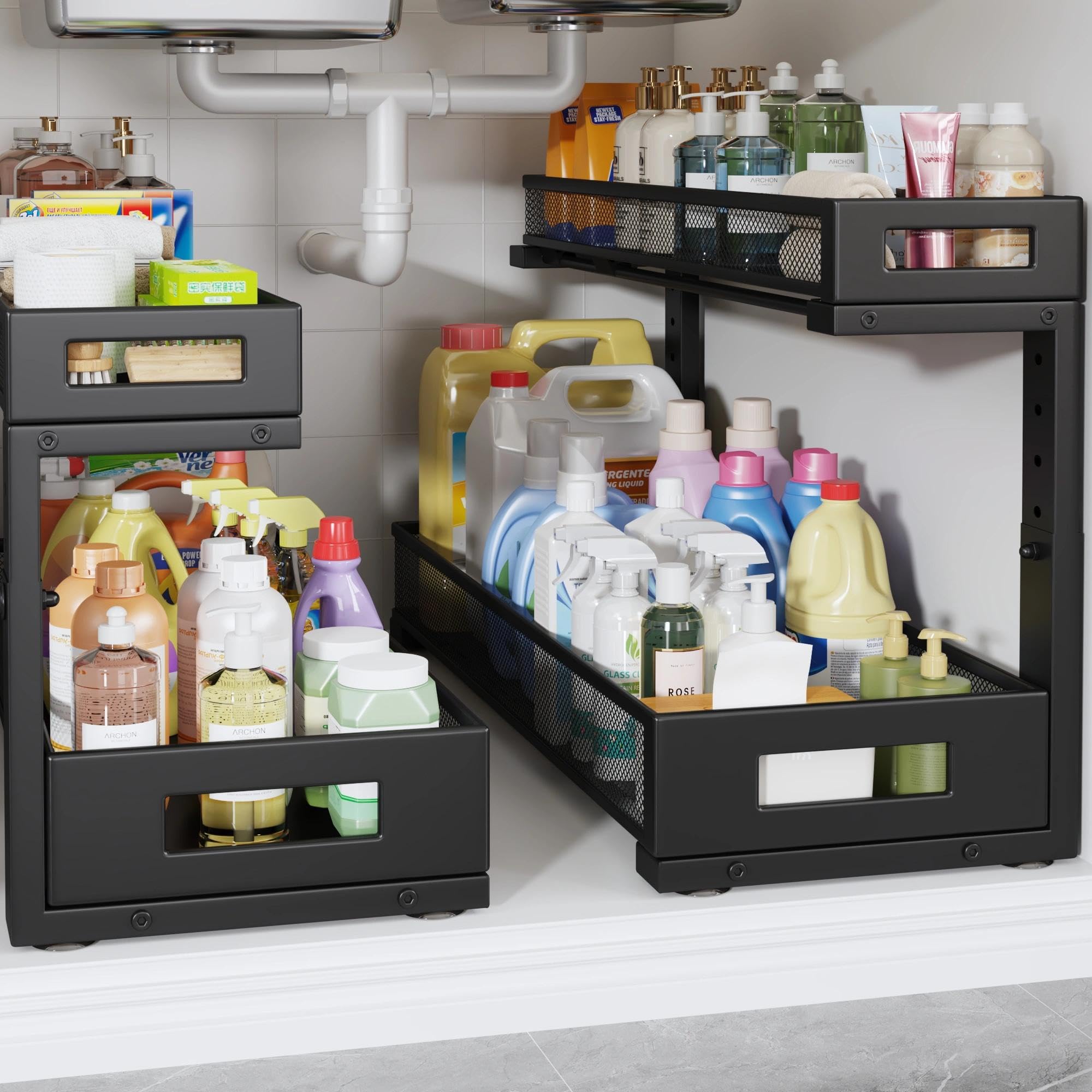 Photo 1 of 2 Pack 20.47IN Depth Under Sink Storage Organizer, Large 2-Tier Elegant Mesh Pull Out Shelf for Kitchen and Bathroom Cabinet Organization, L-Shaped and Adjustable Height Design-Black