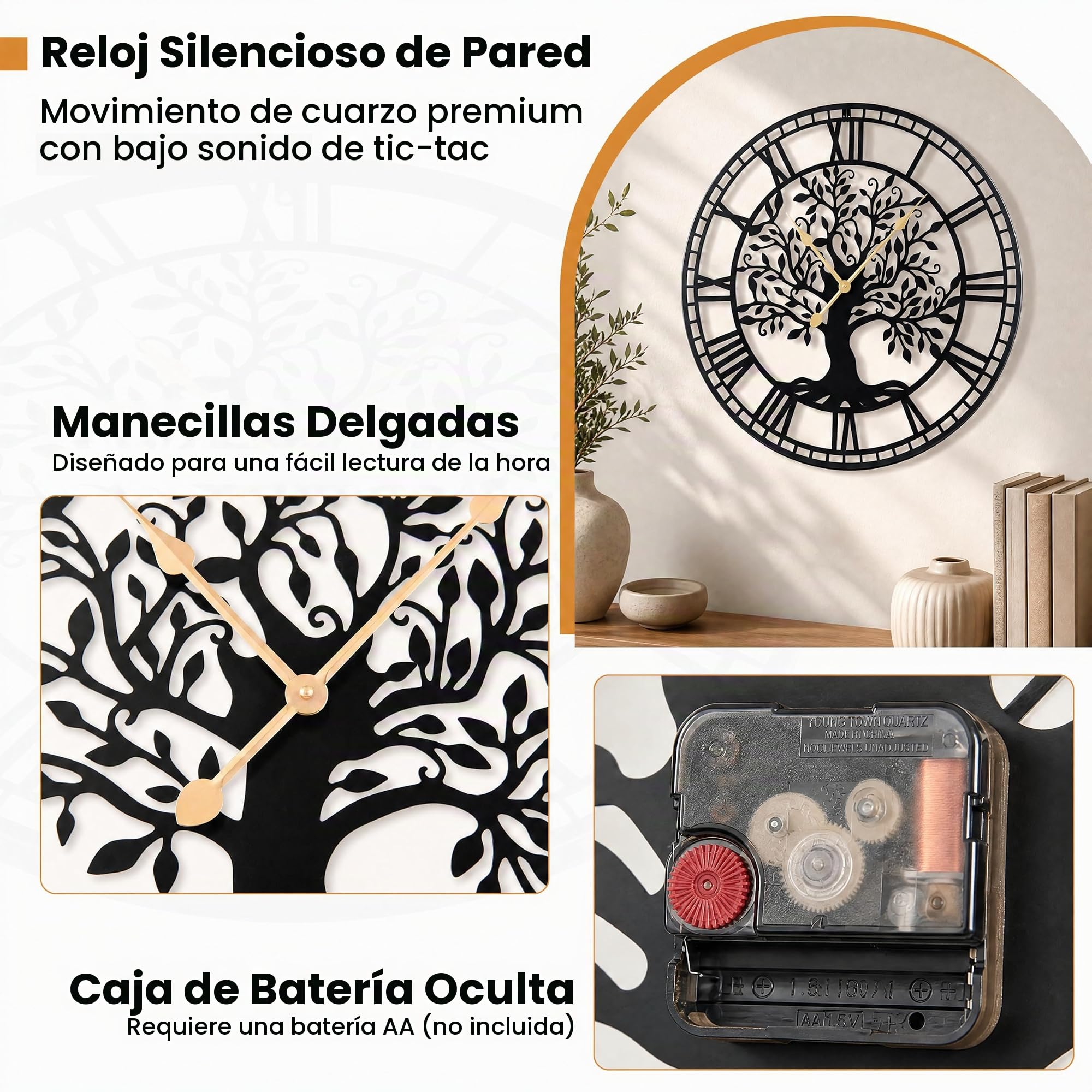 LIFEZEAL - Reloj de pared grande y silencioso de 68 cm, diseño moderno, árbol de la vida de metal, péndulo sin tic-Tac con pilas, decoración de pared para sala de estar, dormitorio, oficina (Style1)