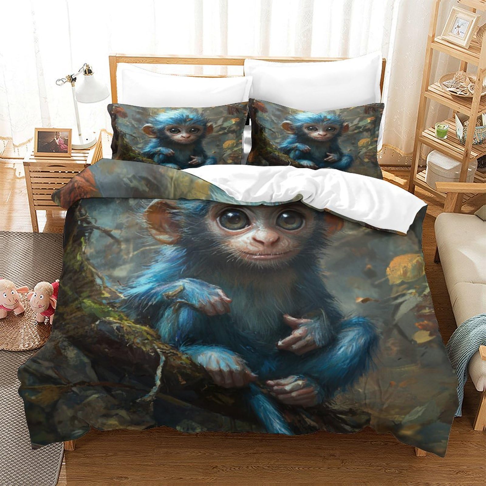 P1s9u7w5y Monkey-4 Playful Jungle 3D Printed Monkey Duvet Cover Set 3Pcs Microfiber Monkey Bedding Set Super King（260X220cm）
