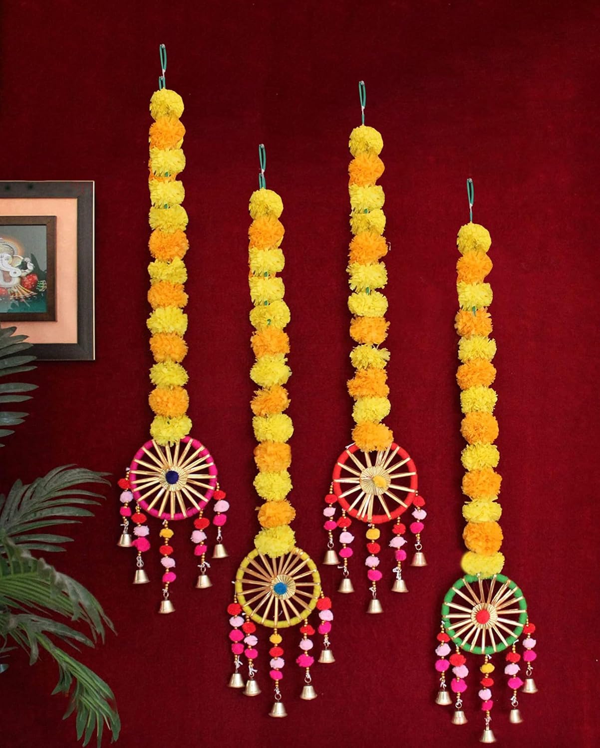 Divyakosh Hangings for Home/Office/Decoration, Marigold Flowers Hanging (Pack of 6) | Diwali Decoration Items | Export Quality Genda/Fluffy Flowers, Shiny & Round |