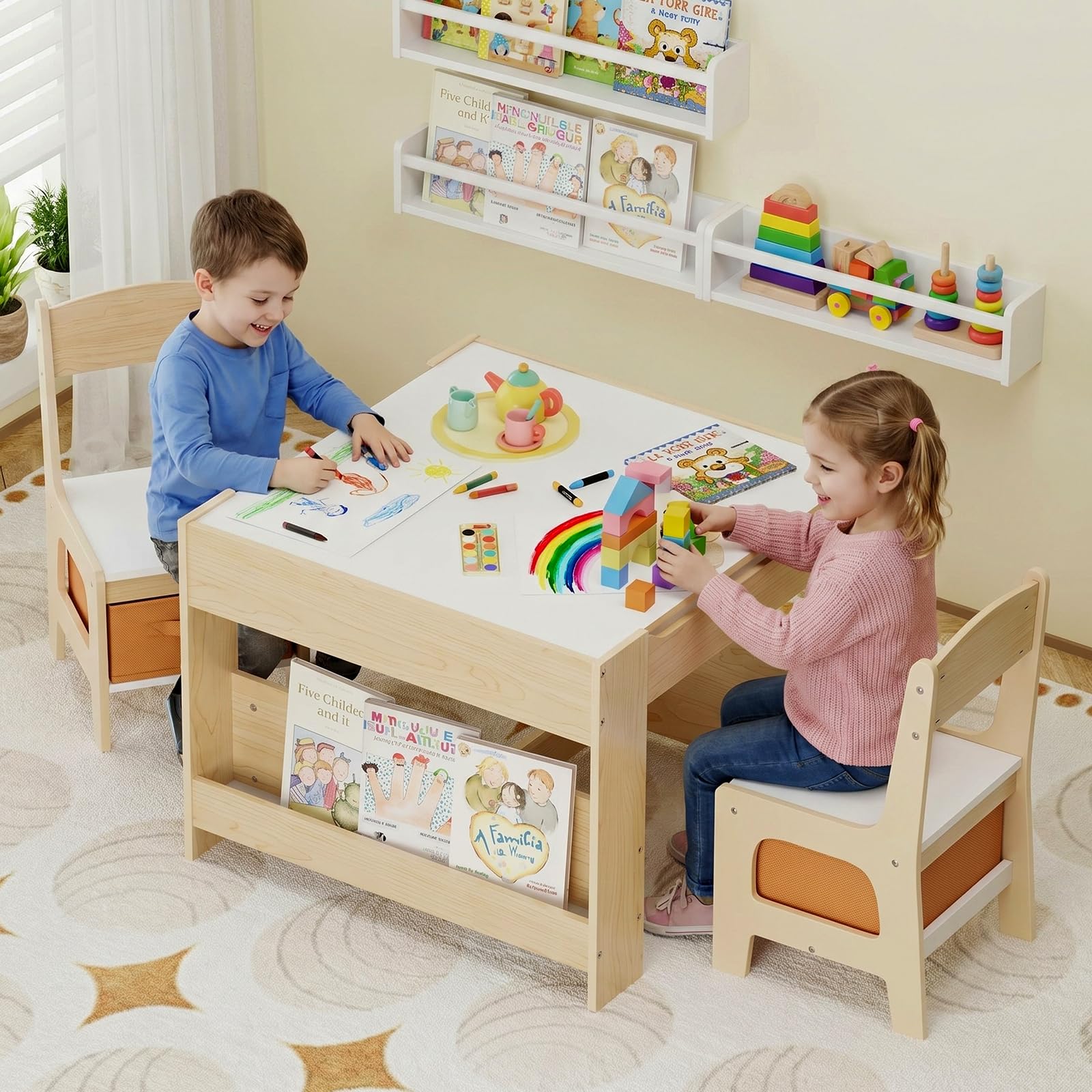 Clevich Kindersitzgruppe Holz mit Stauraum, Kindertisch mit 2 Stühlen, Holz | Tisch & Stühle Set mit Bücherregalen, Kinder Maltisch & Basteltisch, für Kinderzimmer, Spielzimmer, Kindermöbel ab 3 Jahren