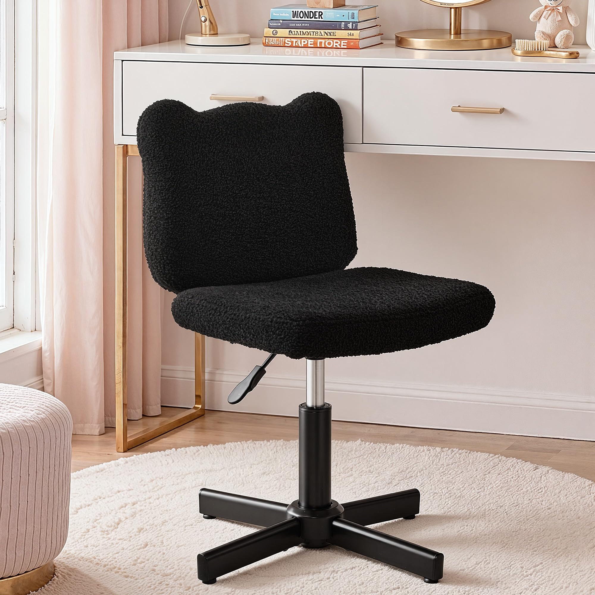Photo 1 of LUE BONA Adjustable Vanity Stool Chair with Girly Bear Ear Wide Back, 360° Swivel Vanity Stool for Makeup Room, Upholstered Teddy Velvet Ottoman for Teen Girls, 300lbs, Black