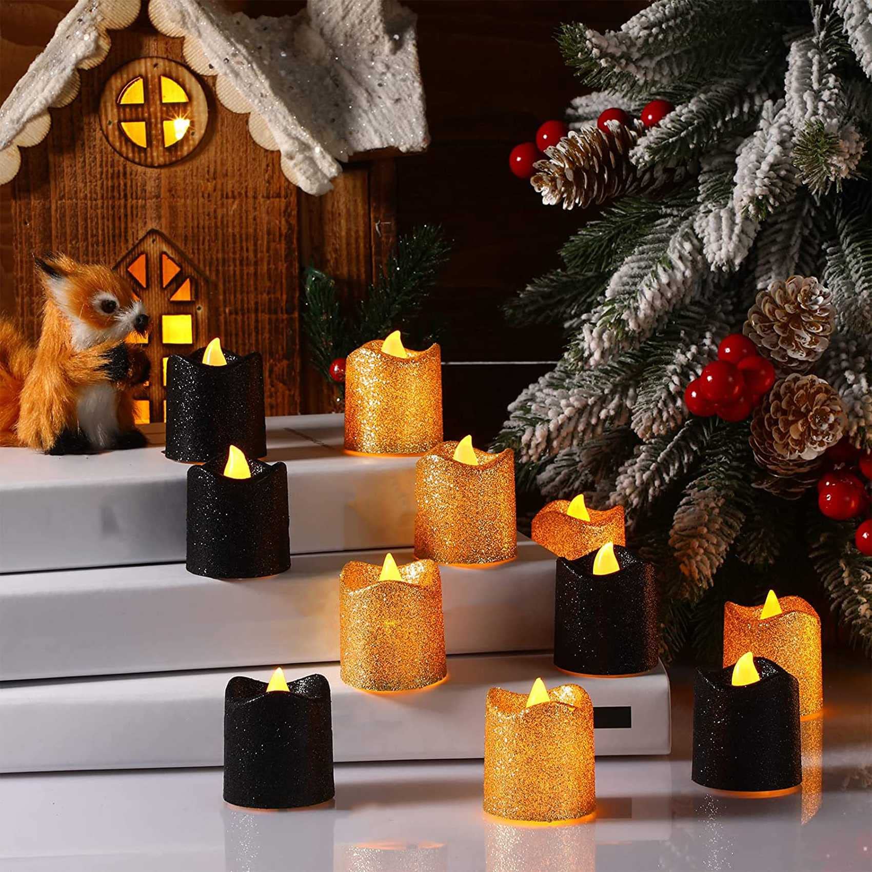 Bougies Votives LED à Paillettes Noires - 24 Pièces - Lumière Jaune Chaud - Décoration Fête