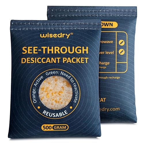 wisedry - 2 paquetes de 17.64 onzas (500 g) de gel de sílice transparente, paquetes desecantes con indicador de color para almacenamiento,