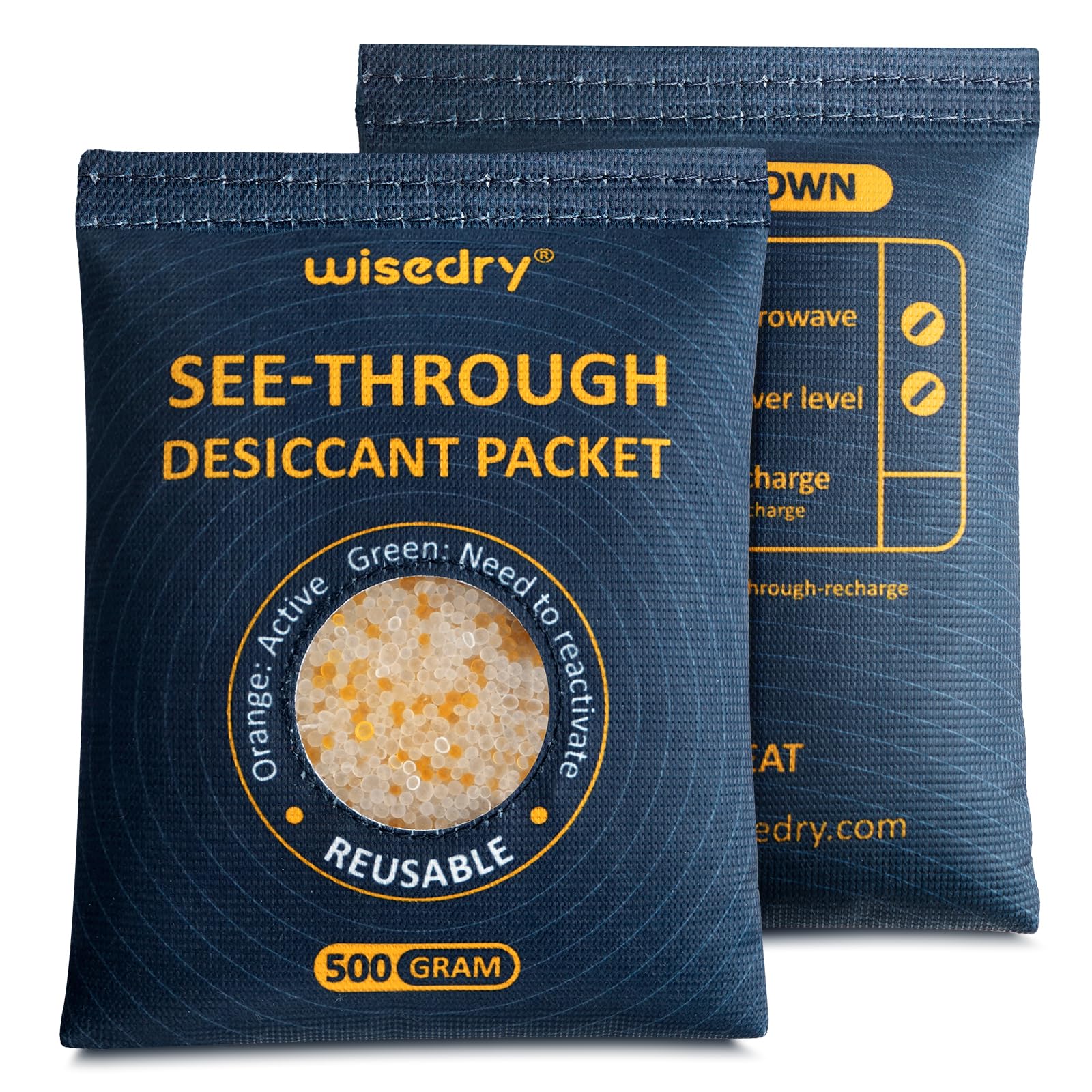wisedry 2 x 500 Gram See-Through Silica Gel Desiccant Packets, Large Capacity Moisture Absorbers Bags, Color-Indicating Desiccant Packs for Storage,