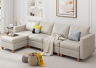 EASE MOOSE Modualr Sectional Couch L Shaped Sofa with Storage Ottomans, Faux Leather Sofa for Apartment, Whitesand