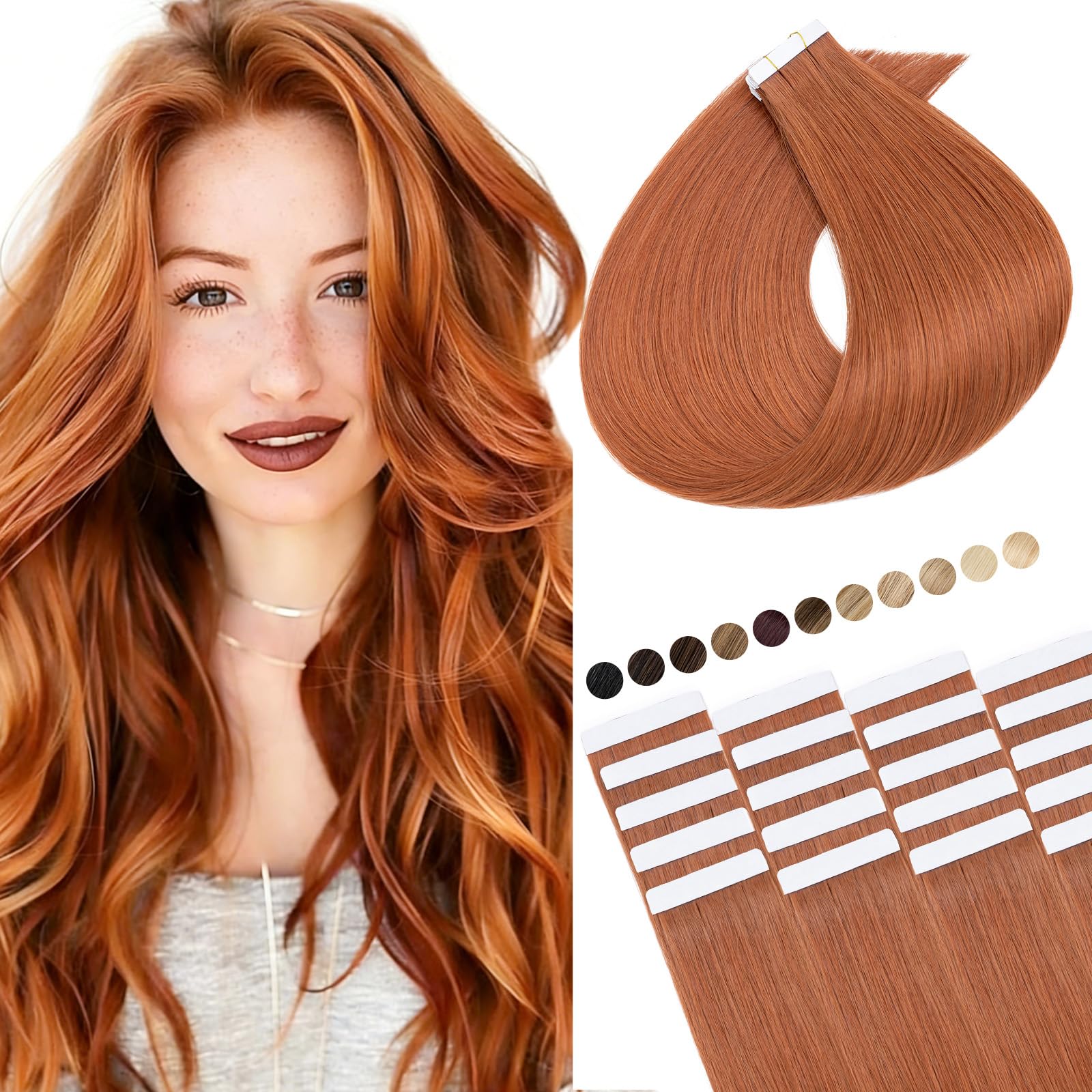 Elailite Extension Adesive Capelli Veri Biadesivo #33 Castano Ramato Scuro Tape Biadesive 20 Fasce 40cm 50g Capelli Lisci Remy Human Hair