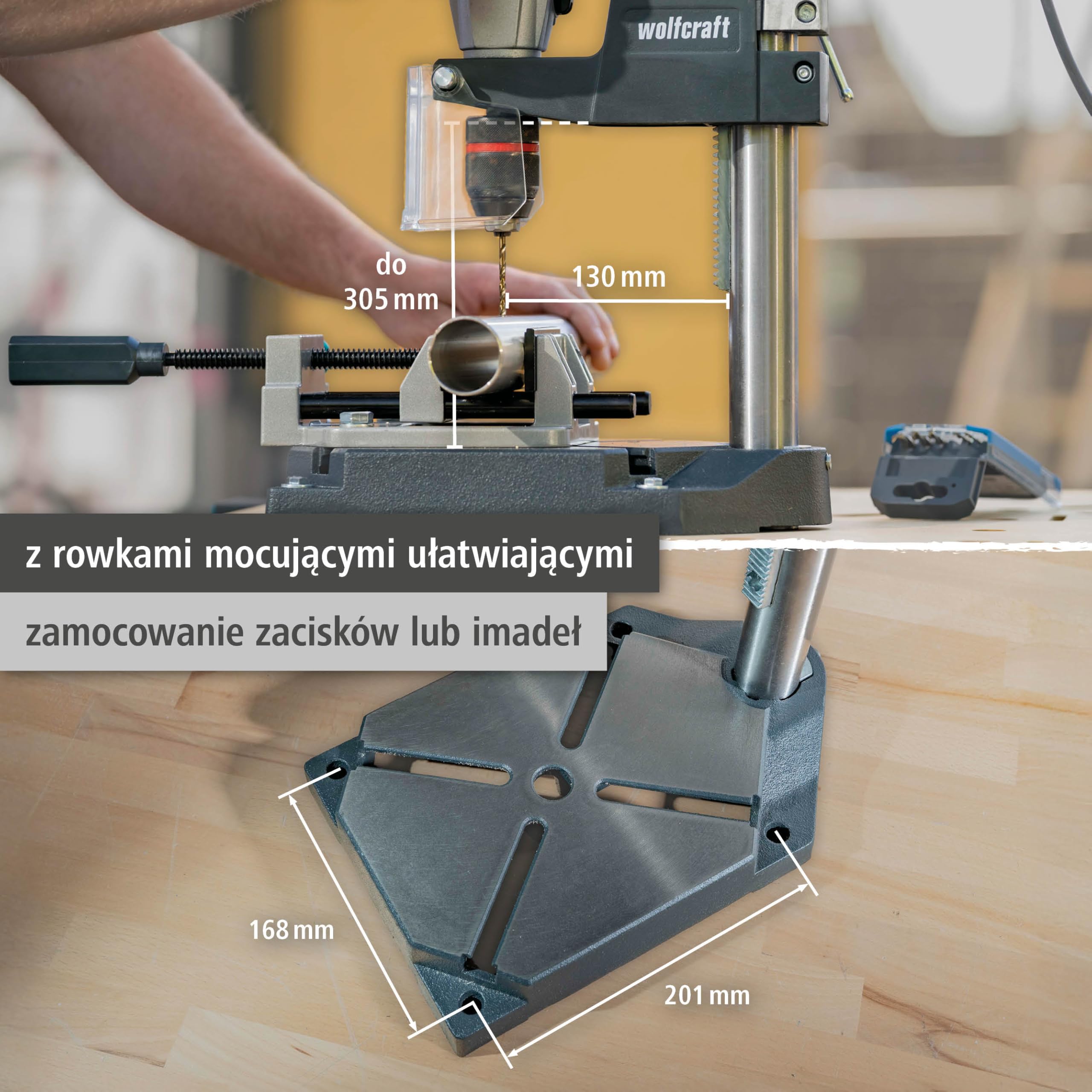 wolfcraft Stojak wiertarski PRO – wytrzymałe rozwiązanie do kontrolowanego, ograniczonego głębokości wiercenia – idealny do prac seryjnych – wysięg 130 mm i skok 80 mm – 5029000