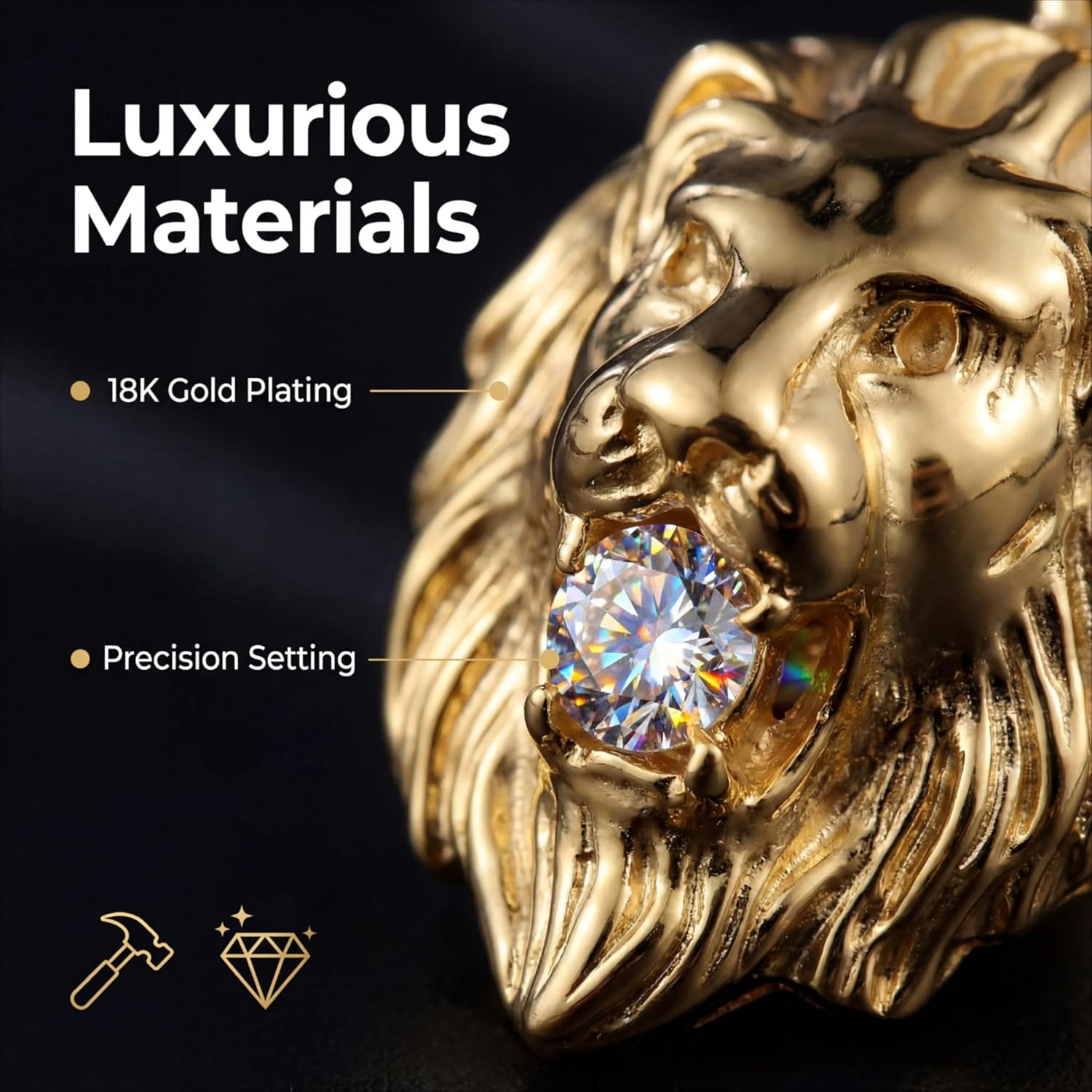 Mens Necklace Lion Head Pendant Necklace, Mens Stainless Steel Gothic 22 Inch Biker Link Chain Gold - Image 3