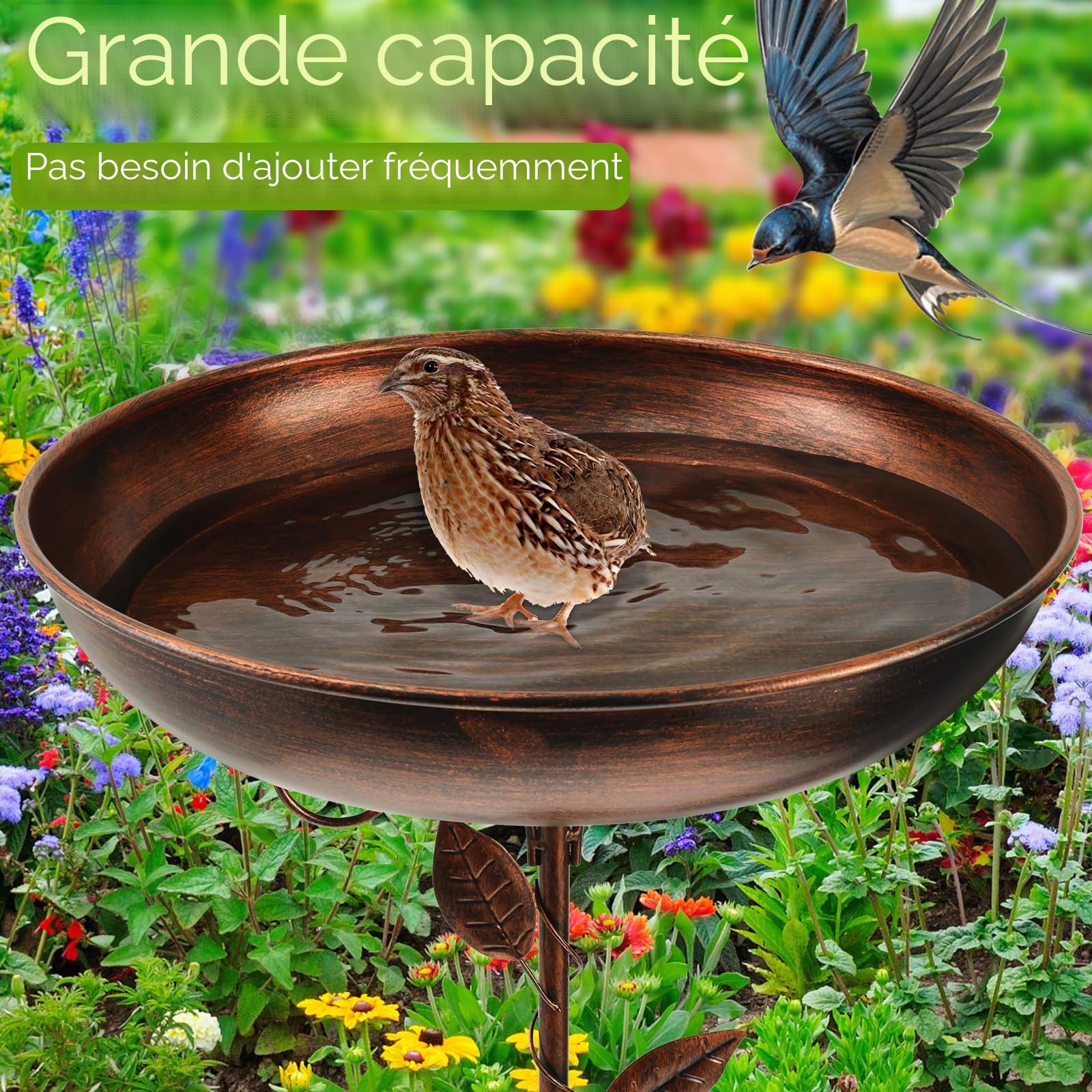 Abreuvoir pour oiseaux sur pied rétro en métal - 30 x 80 cm avec piquet, bain résistant au gel pour extérieur et hiver