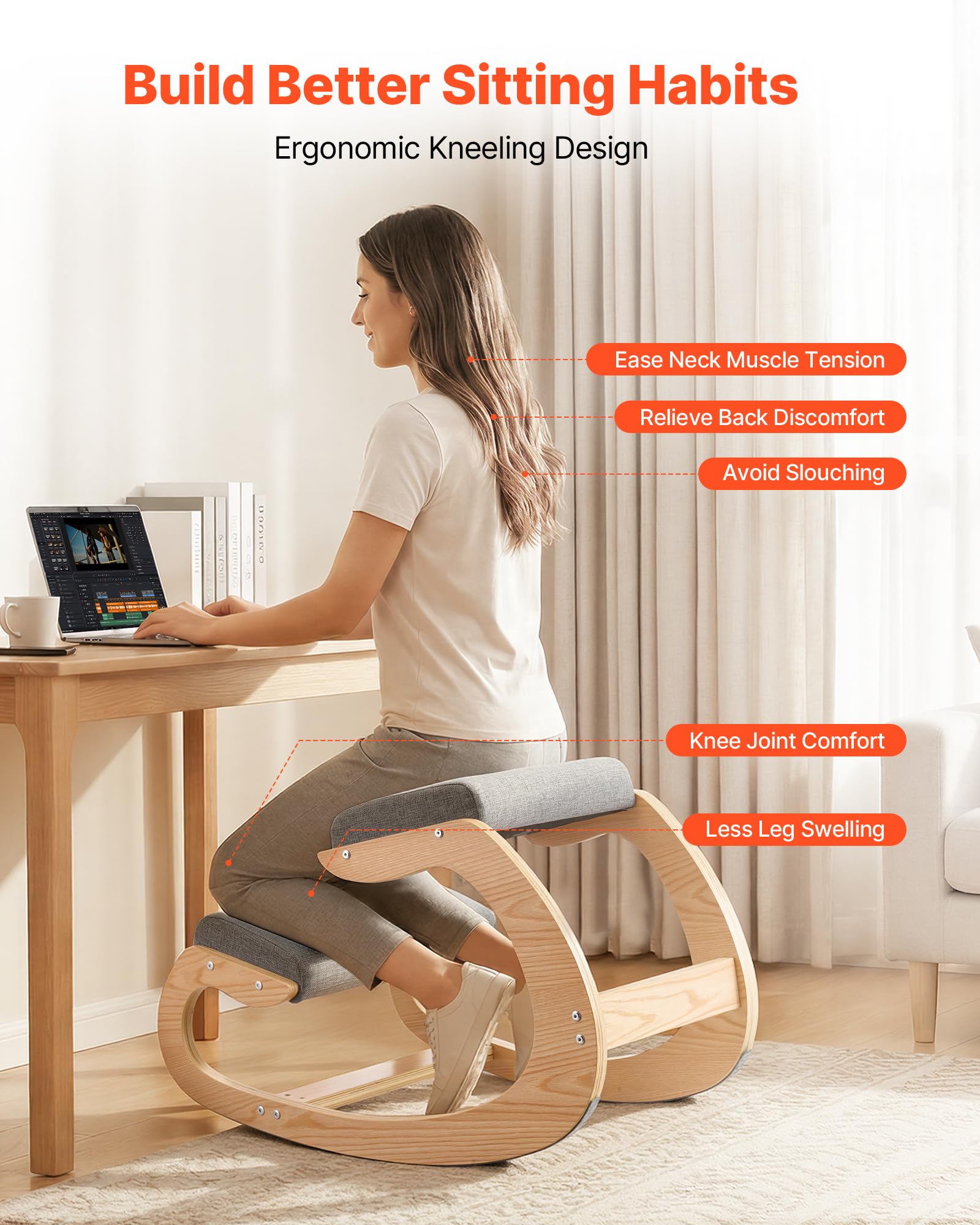 VEVOR Silla Ergonómica de Rodillas con Estructura de Madera y Cojín de Espuma Gris, Taburete para Rodillas Carga de 120 kg, Relajarse de Cuello y Espalda para Hogar, Oficina, 82 x 54 x 55,5 cm