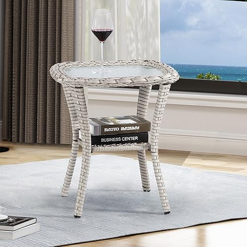 Miniatura 2 de Joyside Mesa auxiliar de mimbre para exteriores de 20 x 20 x 22 pulgadas, mesa de centro de patio con vidrio templado de 0.197 in y práctico estante