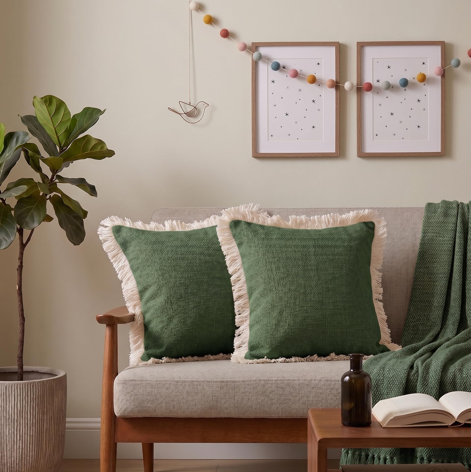 furnistitchs solid boho cushion cover 16x16 inches, premium natural slub fabric throw pillow case with eyelash fringe border for sofa, couch, living room & bedroom 40x40 cms - (2pc, sage olive)