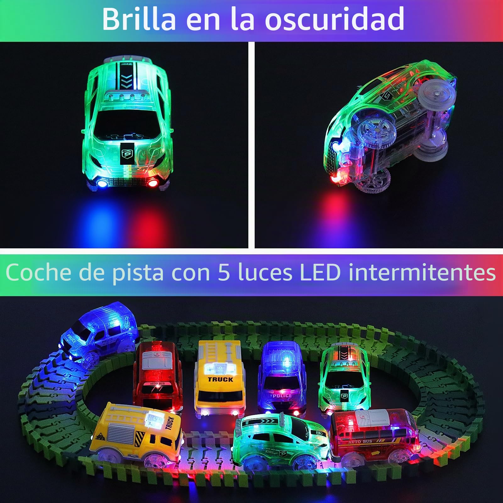 Coches Para Niños Mágicos Que Brillan en la Oscuridad - Paquete de 4 Autos de Pista Con Accesorio Compatible Con La Mayoría de Las Pistas - Para Edades 2-8 Años