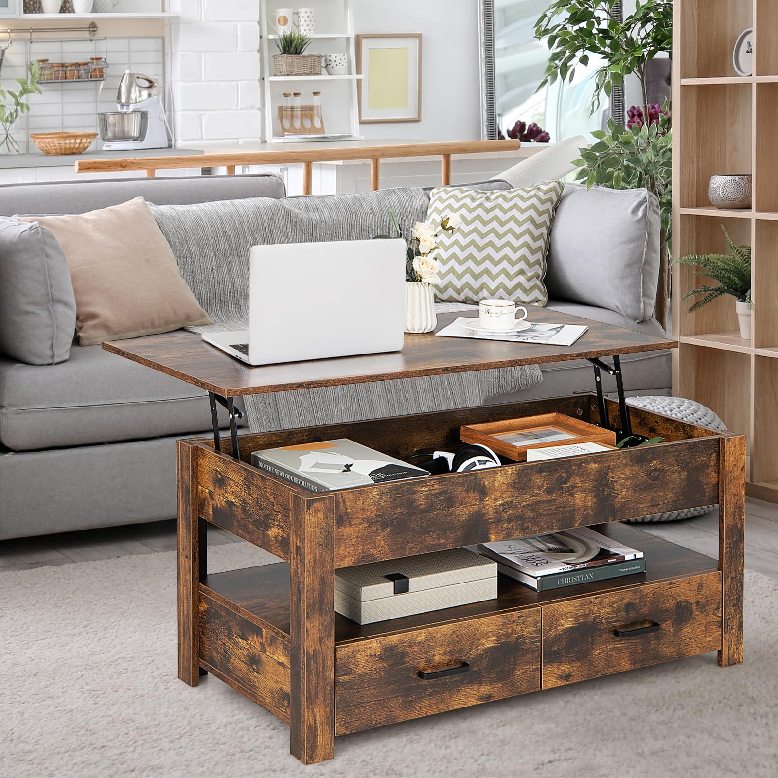 LIFEZEAL Mesa de Centro Elevable de 3 Niveles con Tapa, 2 Cajones y Almacenamiento Abierto, de Madera para Sala de Estar, Marrón