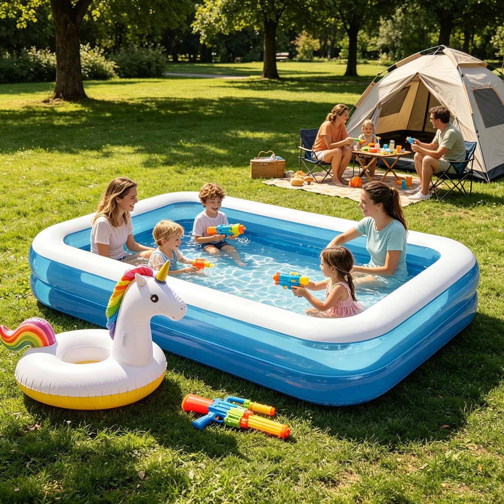 Piscina Gonfiabile per Famiglia per Bambini e Adulti 260x170x50cm | Vasca Rettangolare grandes in PVC Resistente, Centro Giochi Acquatici per Giardino, Cortile e Feste all'Aperto, Blu