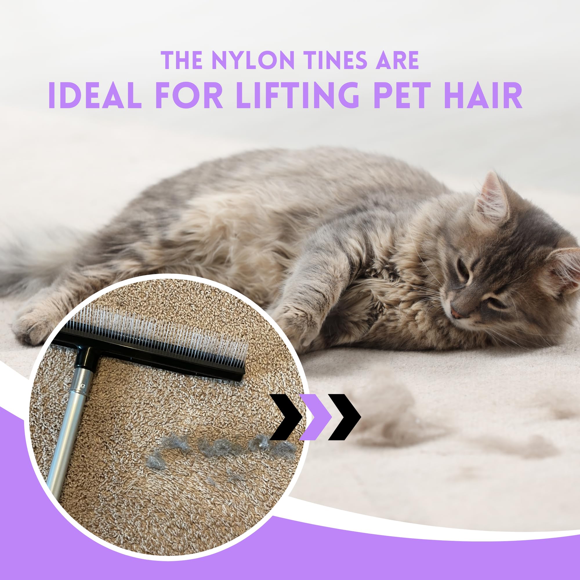 Room Groom - Rastrillo de Alfombra Pet con Mango telescópico Ajustable de 54 Pulgadas, con Herramienta de Cepillo removedor de Pelusas, Cepillo de Alfombra para Pelo de Mascotas y alfombras