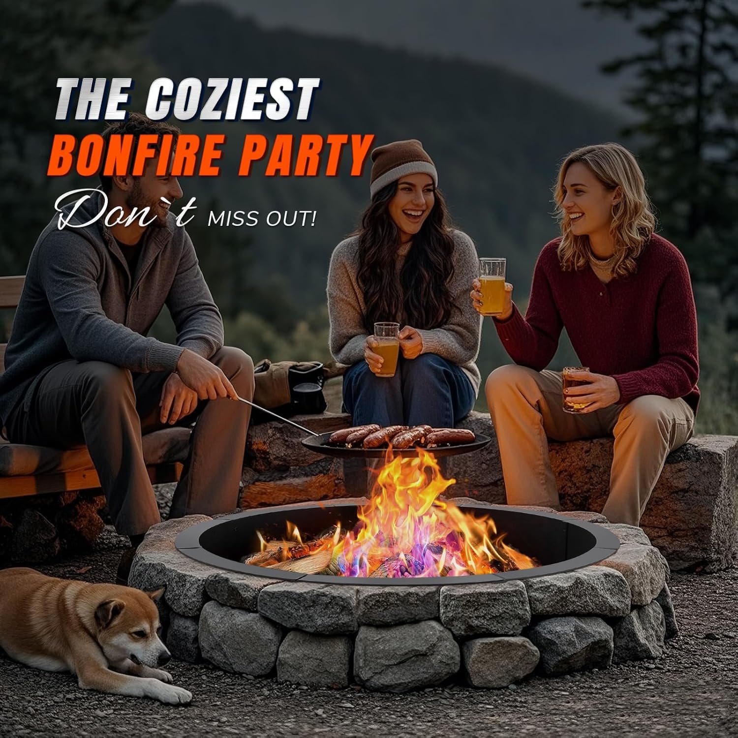 INNOSTAGE 36 Inch Fire Pit Ring (40 Inch Outer), Heavy Duty Steel Fire Ring for Outside, Large Round Fire Pit Insert, DIY Camping Fire Ring, Above or In-Ground, Black Carbon for Backyard Patio Bonfire