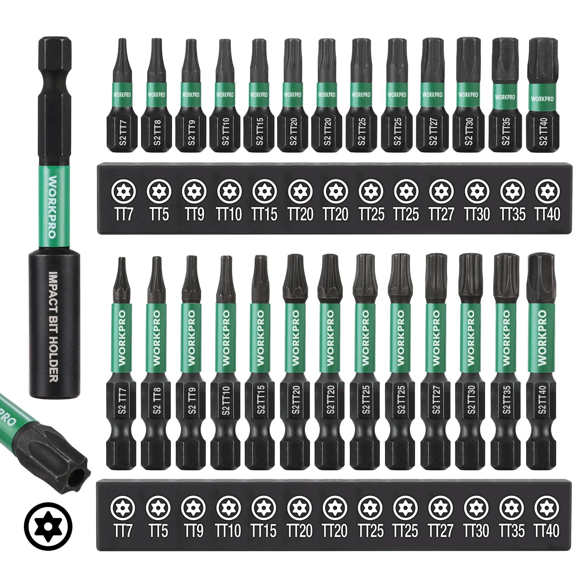 WORKPRO 27pcs Impact Torx Bit Set (TT7-TT40), Security Torx Bit Set, CNC Machined S2 Steel Tamper Proof Torx Bit with Magnetic Tip, 1/4" Hex-Shank, 1"