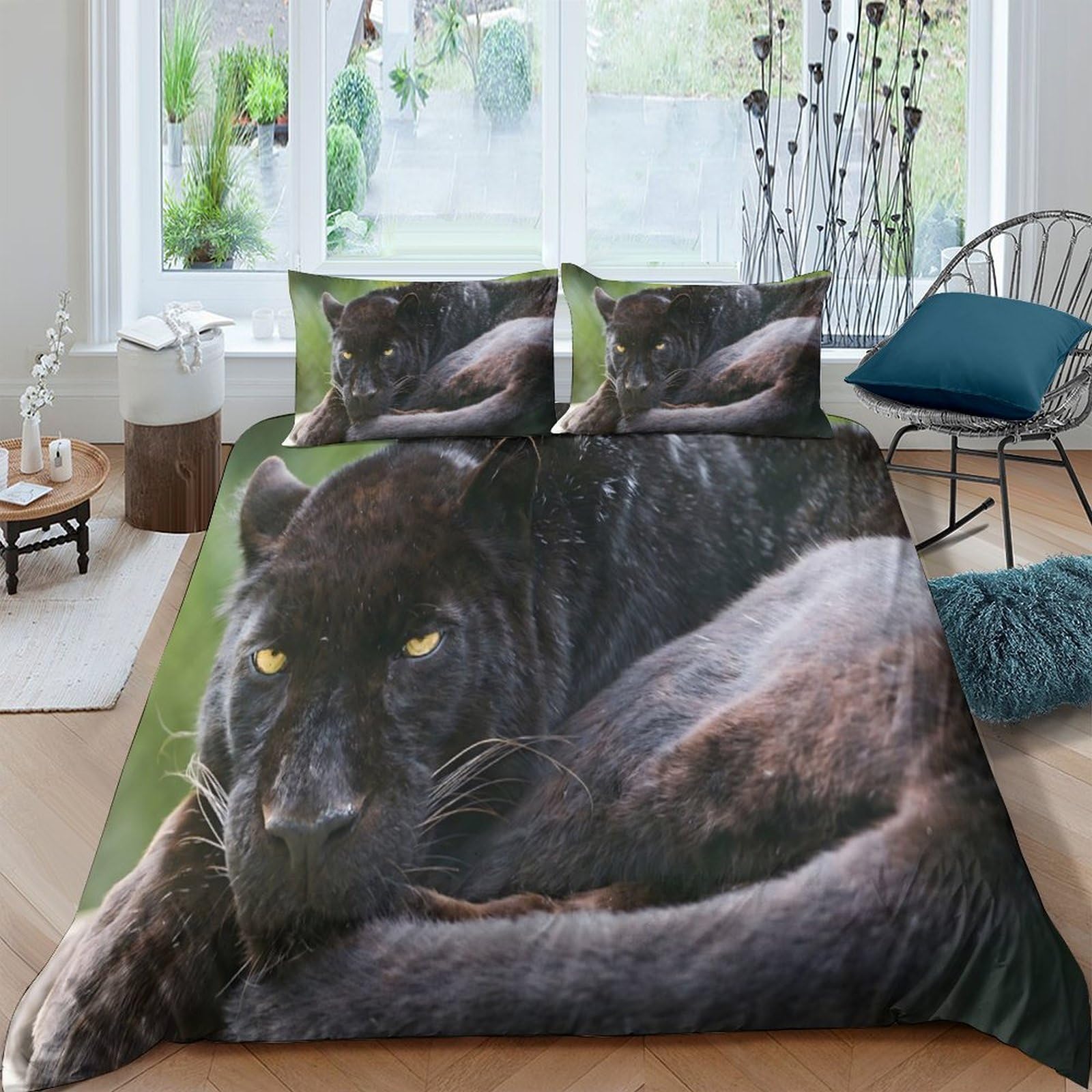 GPLZQXKJNH 3D Printed Black Panther Duvet Cover Microfiber Soft Breathable Jungle Animal Bedding Set with 2 Pillowcases for Bedroom Decor Single（135x200cm）