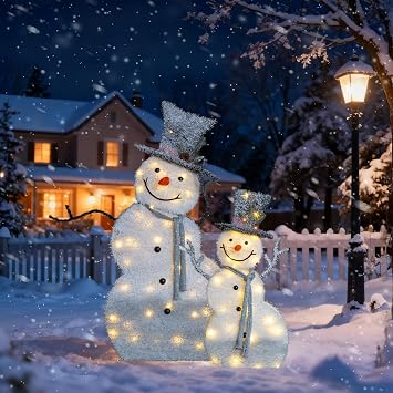 Set of 2 Lighted Christmas Snowman with Top Hat Outdoor Decorations,Lighted Snowman with Top Hat Christmas Decorations with 80 LED Lights for Xmas Outdoor Holiday Garden Yard Lawn Decor Style C