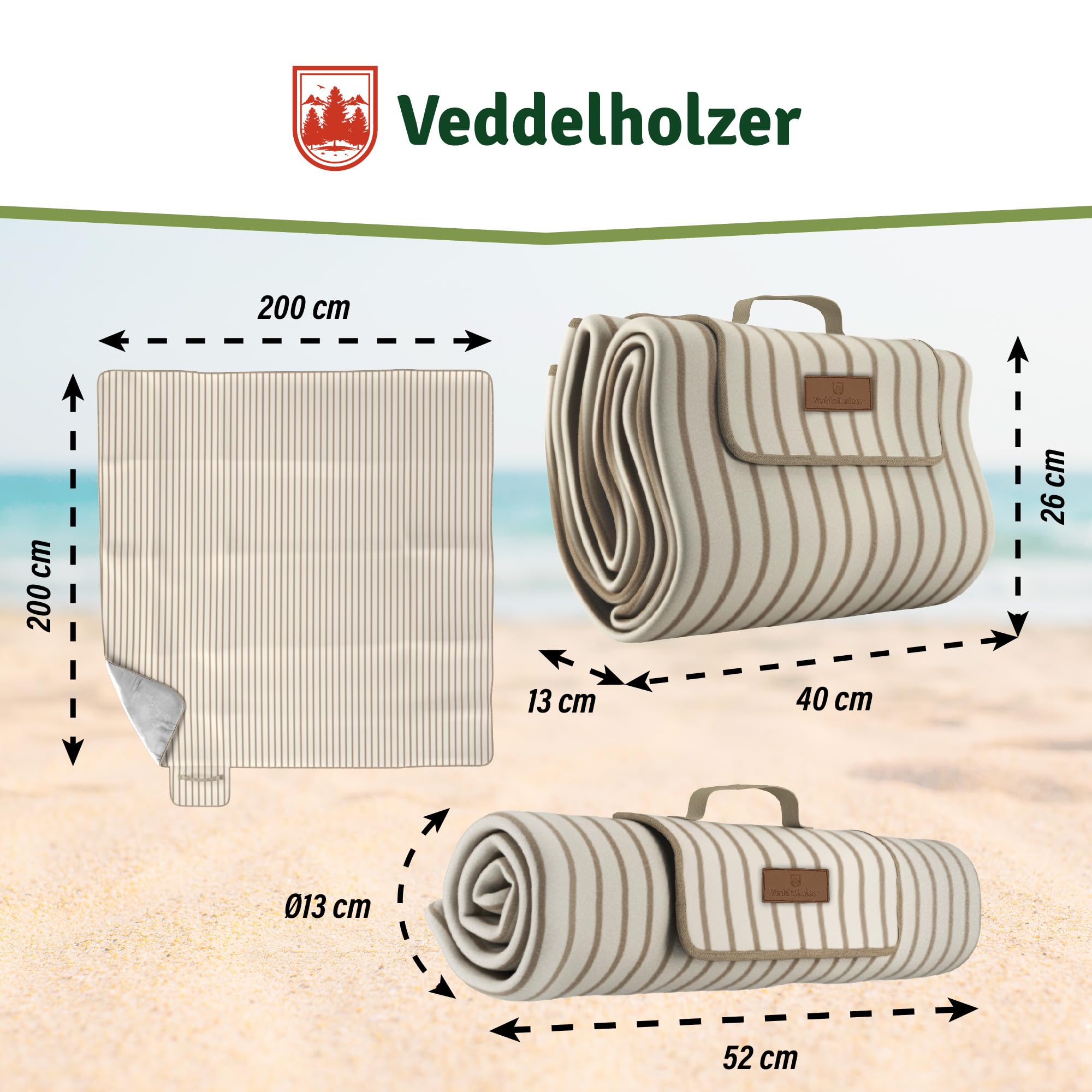 Veddelholzer 200 x 200 cm Beach Picknickdecke wasserdicht, sandfeste Stranddecke XXL isoliert & gepolstert Ideal für Outdoor, Camping, Strand, Park, Festival & Picknick Einfach faltbar & waschbar