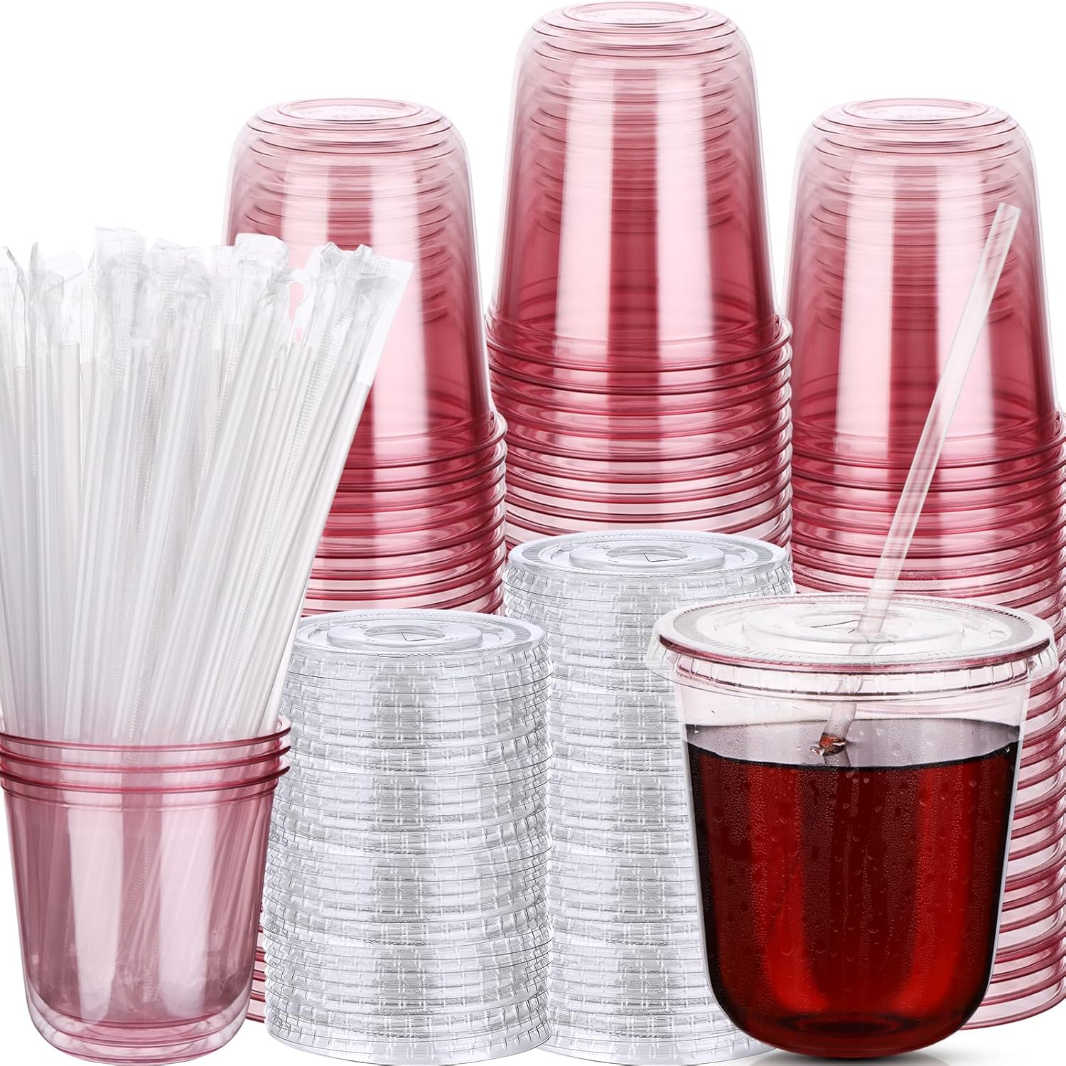 100 Sets Disposable Stemless Glasses with Flat Lids and Straws,PET Drinking Cups,Clear Plastic Coffee Cup for Iced Coffee, Smoothie, Cold Beverage, Drink Shop Christmas Party Supply (Pink, 12oz)