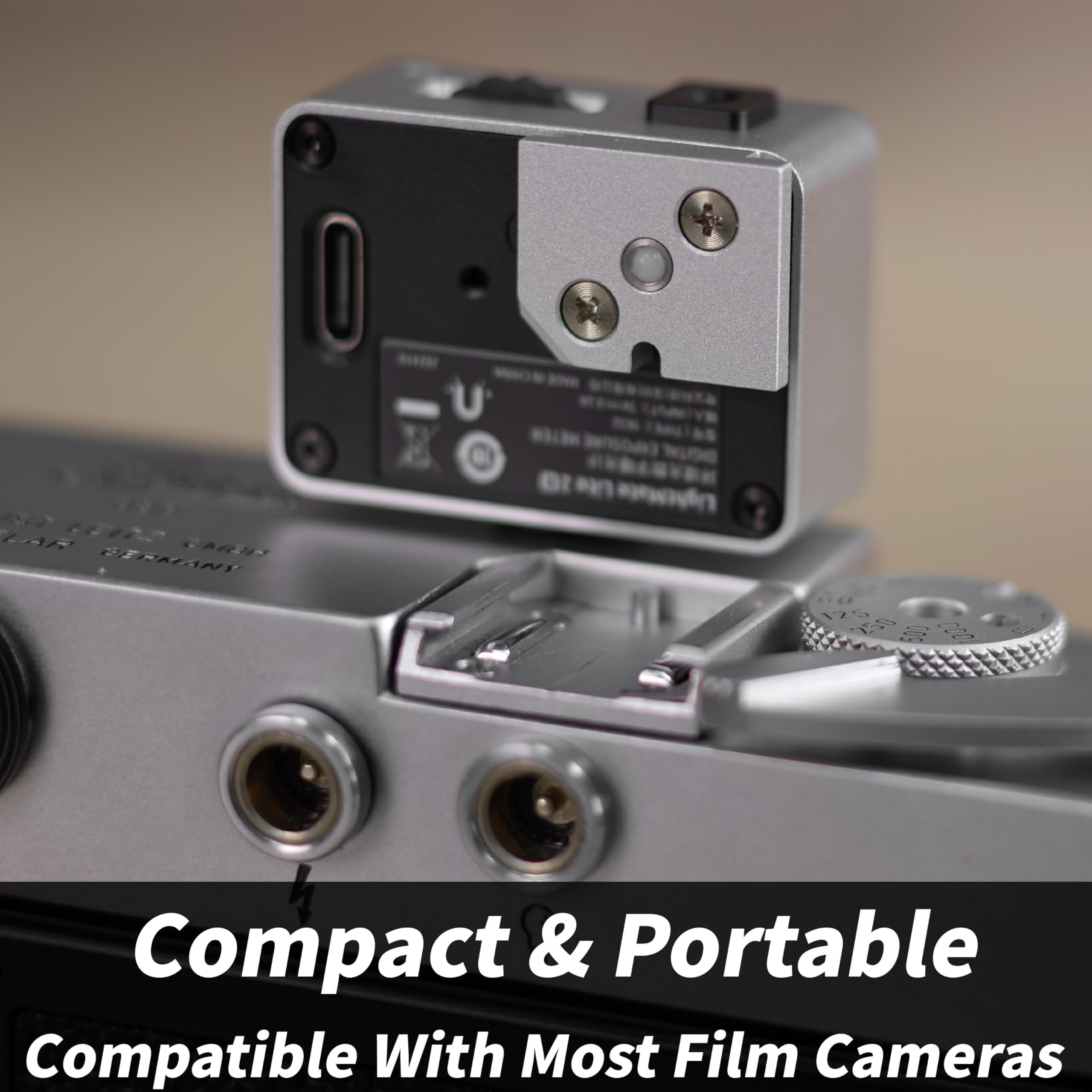 LightMate Lite 2R - Medidor de luz fotográfico, ultracompacto de 1.2 onzas, carcasa de metal CNC, medidor de luz de alta precisión para película, cámaras Leica con batería recargable USB-C, plateado