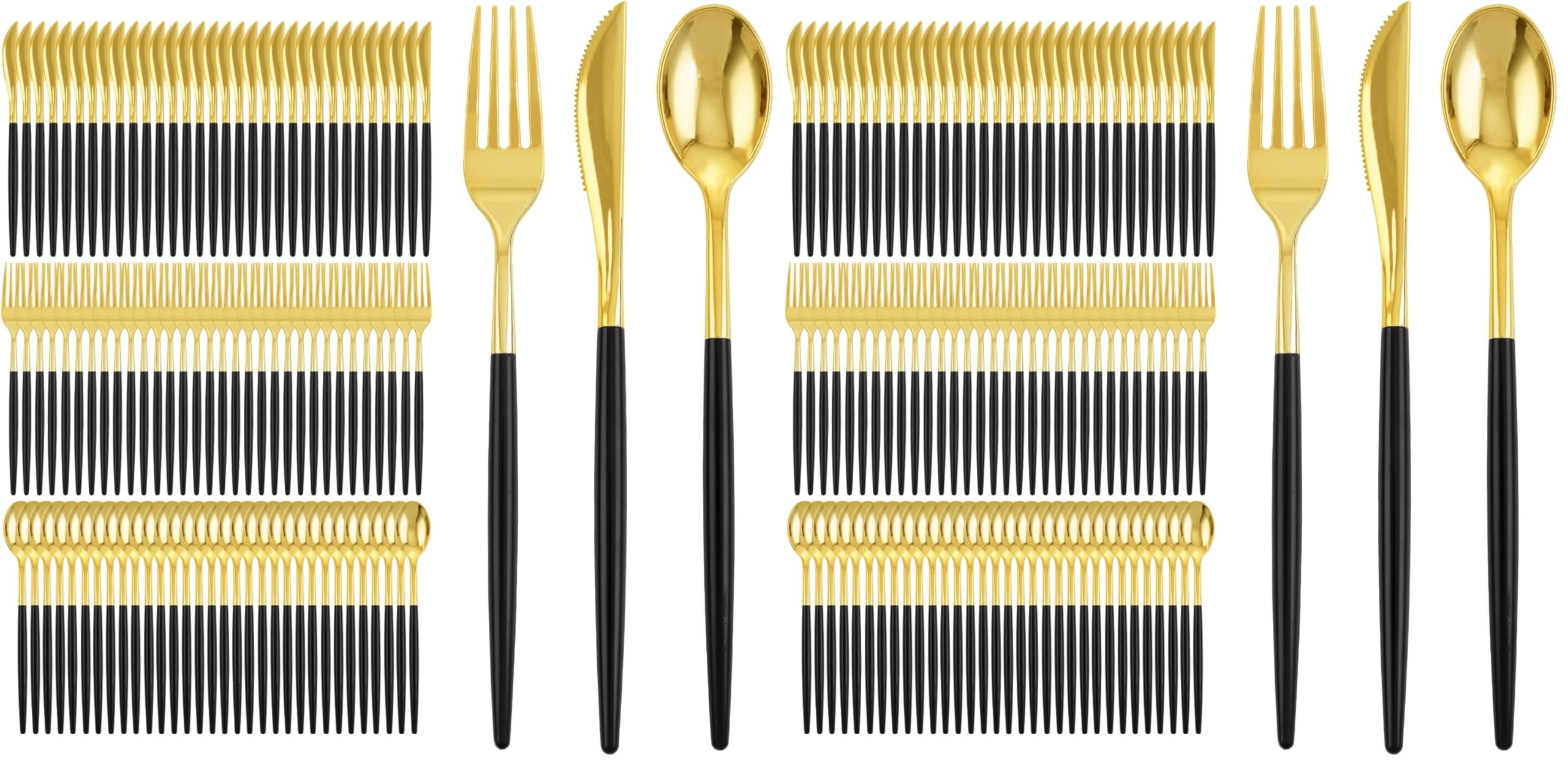 I00000 300Pcs Black Plastic Silverware, Happy New Year Gold Disposable Silverware, Black and Gold Plastic Utensils Include 100 Forks 100 Knives 100 Spoons,Disposable Cutlery for Wedding (Pack of 2)