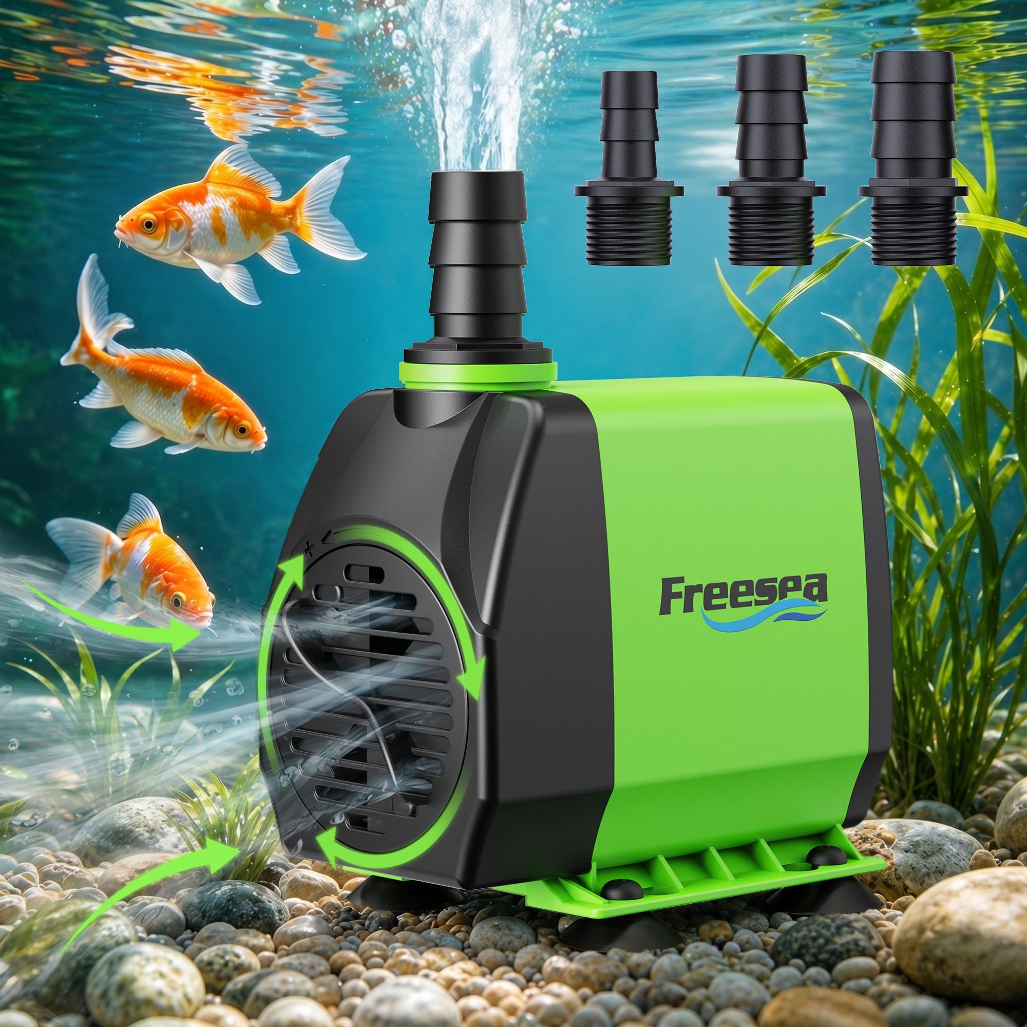 FREESEA Fountain Submersible Water Pump: 800GPH 45W Adjustable Ultra Quiet Aquarium Pump with 3 Nozzles 10ft High Lift for Small Pond | Fish tank | Waterfall | Outdoor | Hydroponics
