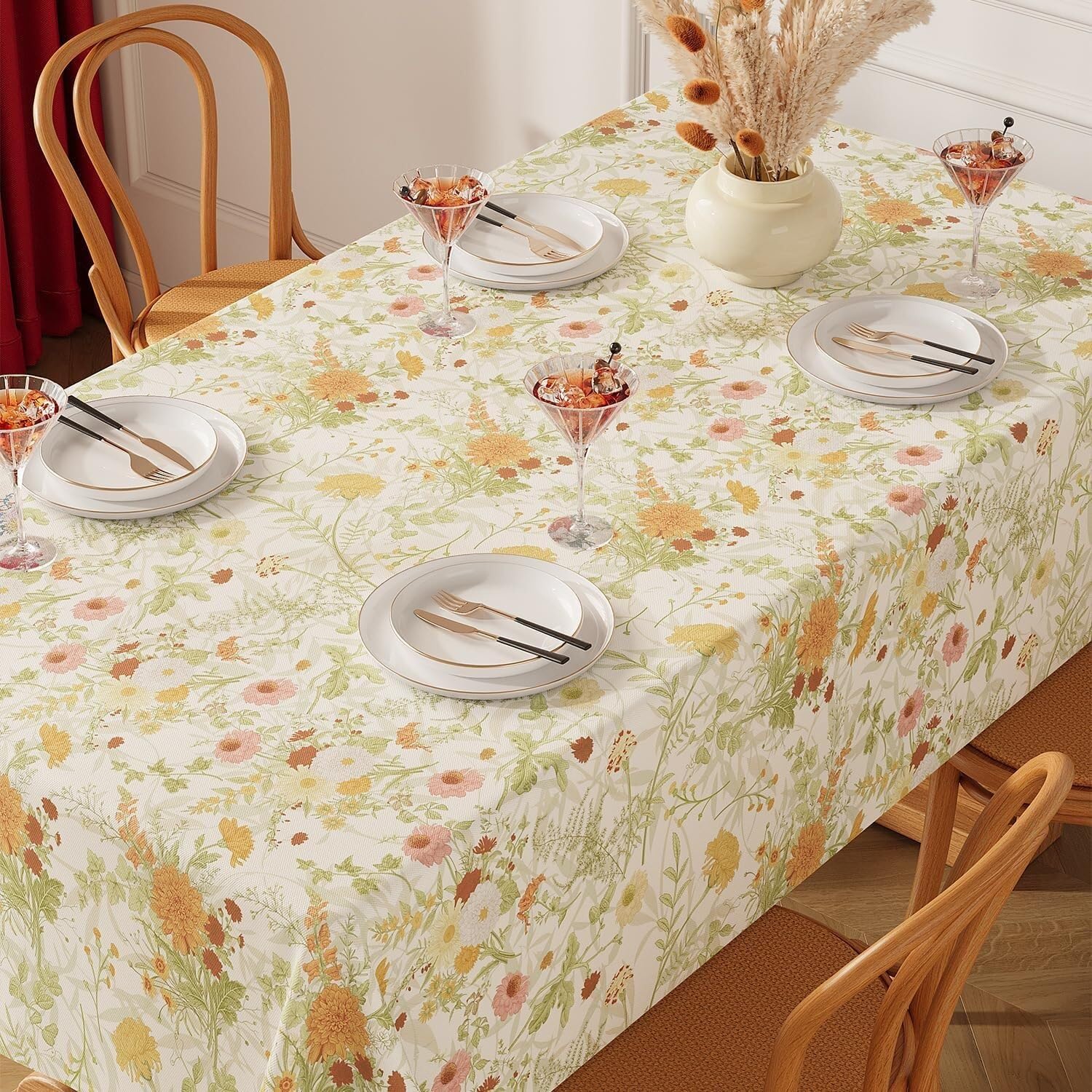 KIJyfgTR Rustic Floral Style Rectangular Tablecloth For Kitchen Worktop Decoration(Green Leaves,140x260cm)