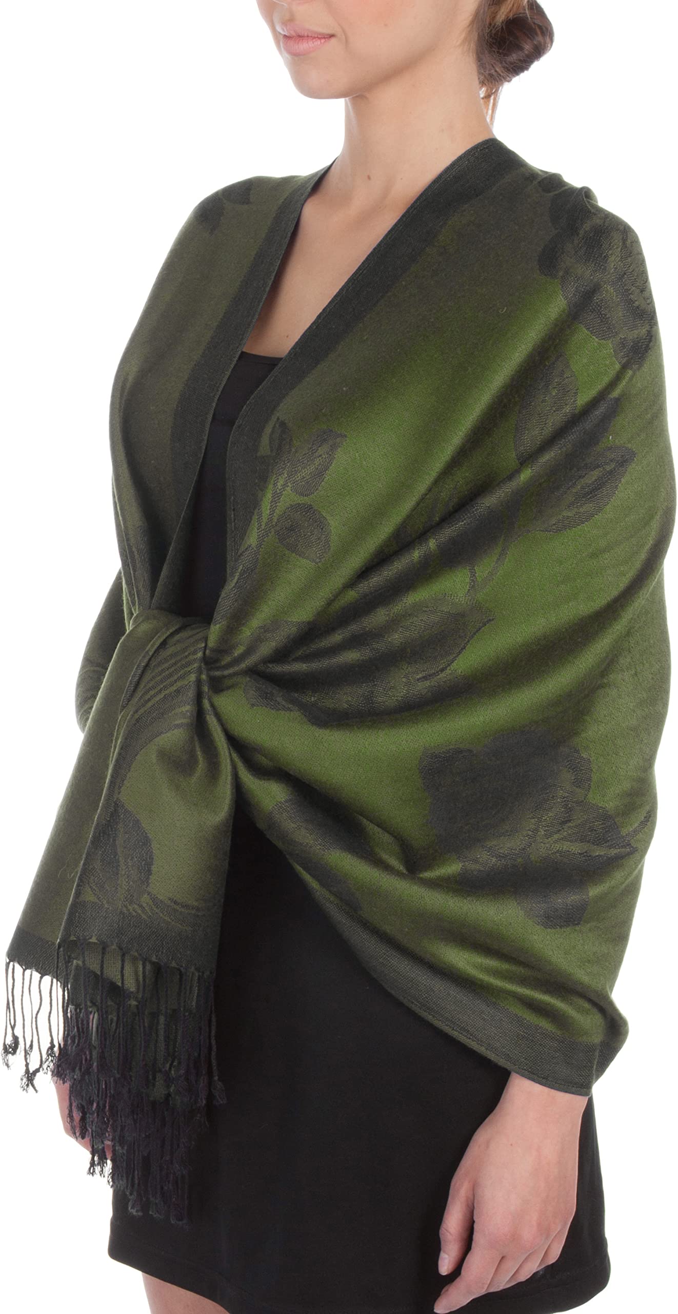 Sakkas Women's Olive / Black Two Tone Floral Rose Reversible Pashmina Scarf Shawl Wrap Stole For - Olive/Black