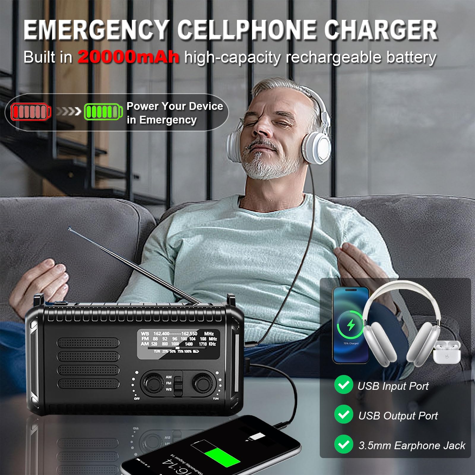 Radio di emergenza a manovella da 20000 mAh/74000 mWh, radio meteorologica AM/FM/NOAA, radio solare alimentata a batteria con caricabatterie per telefono USB, lampada da lettura torcia e SOS per