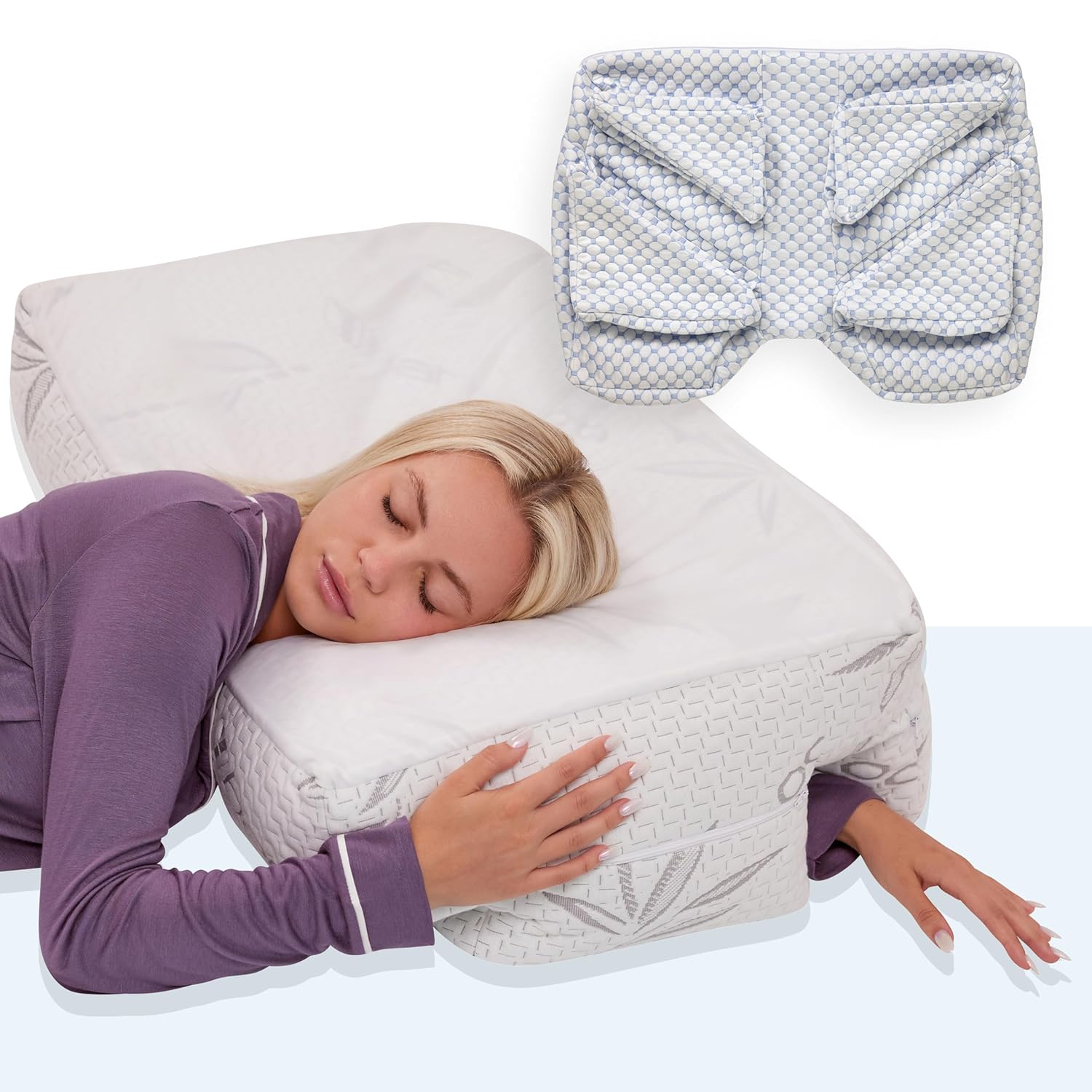 Wife Pillow Combo - Cooling Shredded Memory Foam Arm Pillow White Cooling Ice Pillowcase White Blue - Medium
