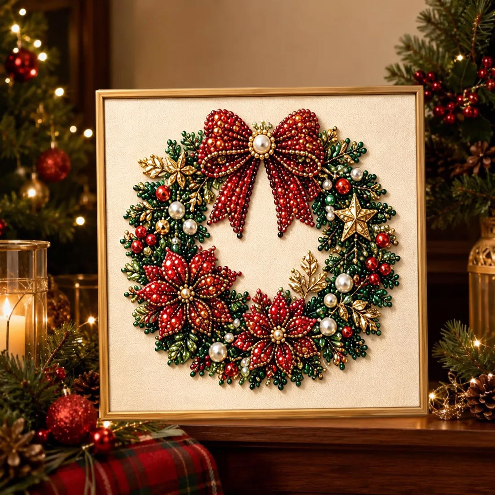 Wseliyi D Iy Christmas Pearl Iamon Painting Art Kit With Frame, Christmas Pearl Beads Art Craft For Adults, 3 Pearl Christma Wall Art Kit, Gemstone Iamon Dots Beads For Home Wall Ecor, Handmade (D)