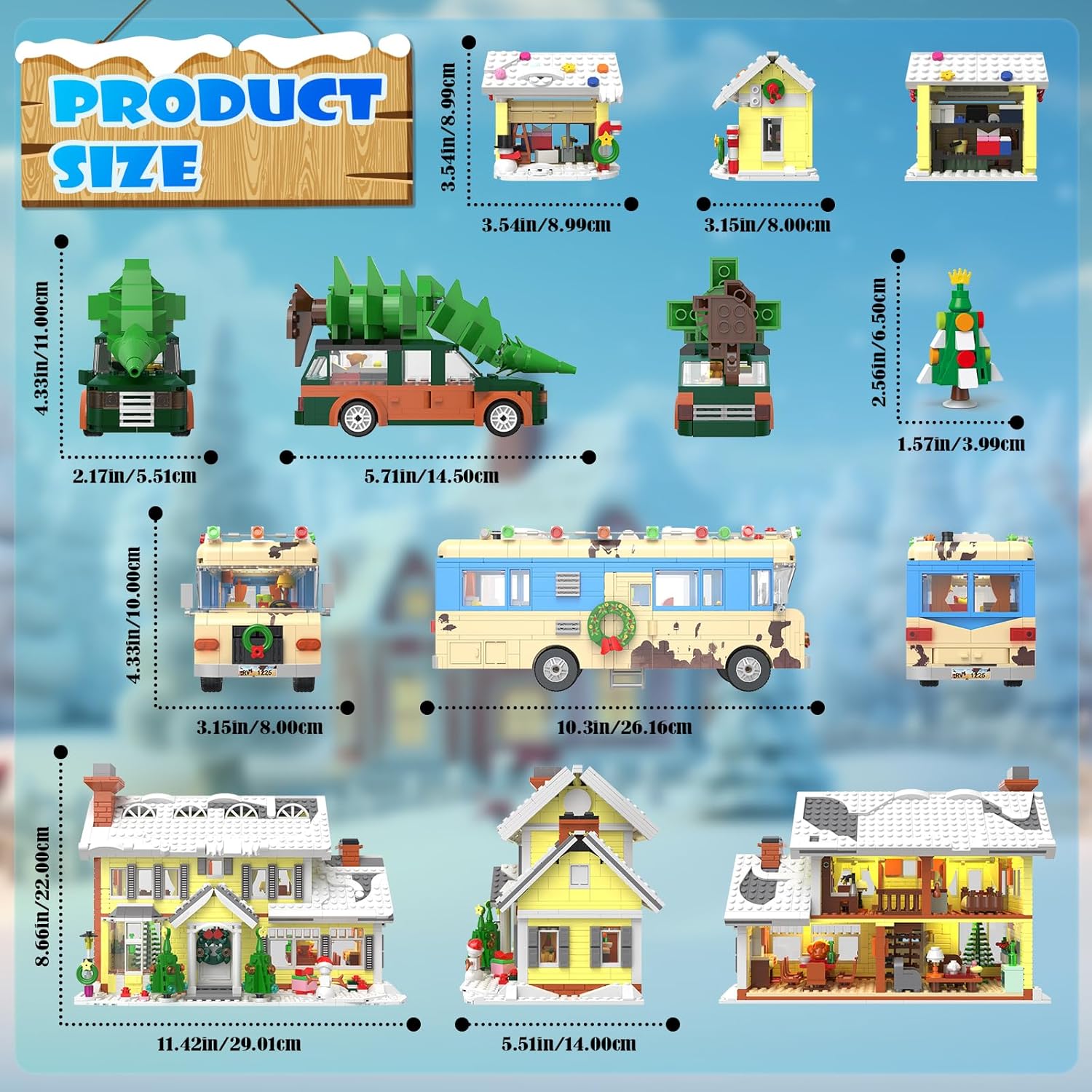 Snow Village Building Set,4 in 1 Christmas Vacation Holiday House&Cousin Eddie's RV&Picup Truck&Garage Building Blocks Model Kit Compatible with Lego for Child Adults(2056PCS)