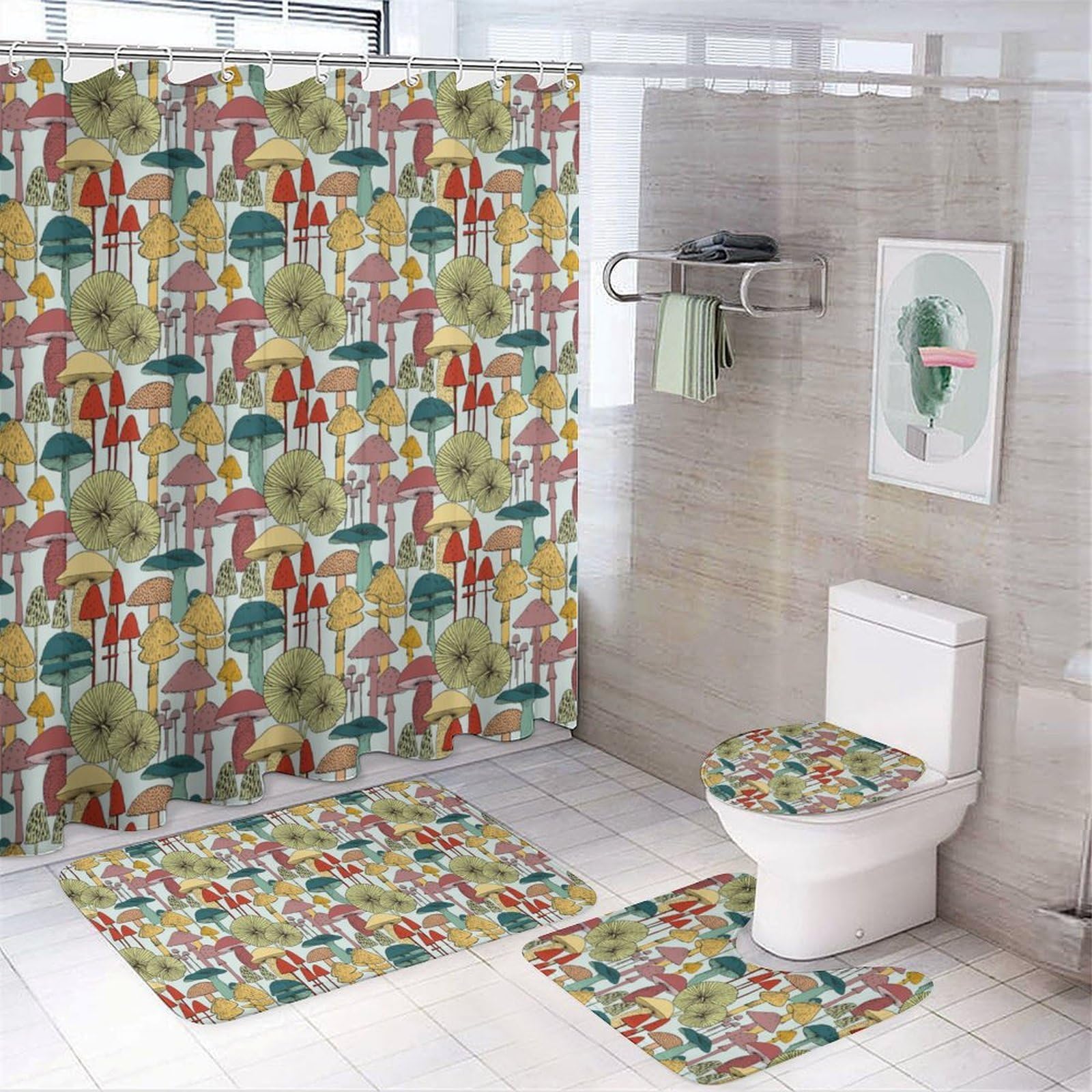 JZemdybill Bathroom Mat Set 4 Piece, Mushrooms Shower Curtain with Non-Slip Bath Mats for Bathroom