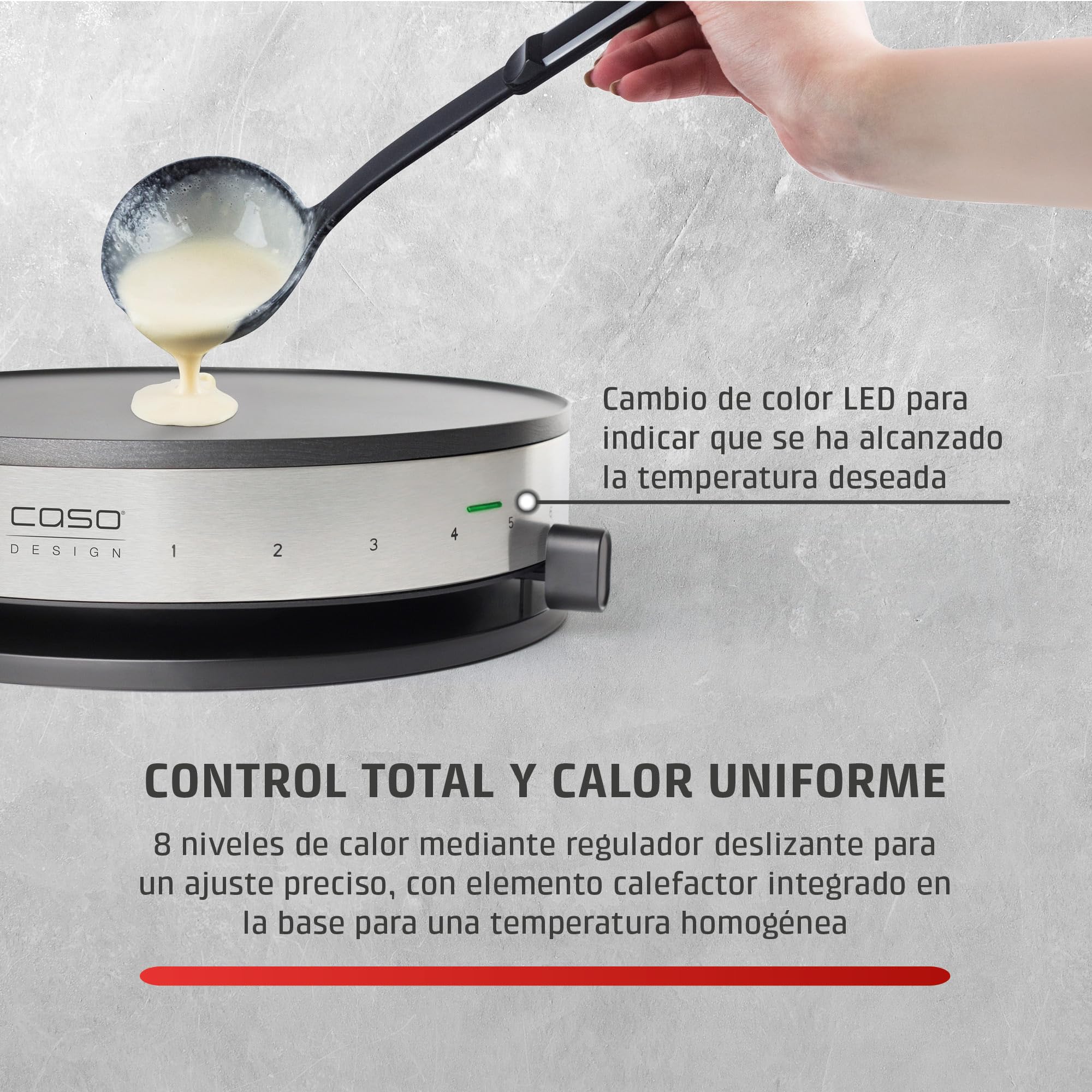 CASO CM 1300 - Crepera electrica con 1300W, Revestimiento antiadherente, Potencia regulable, 33 cm diámetro para crepes extragrandes, Incluye distribuidor de masa y espátula, acero inoxidable