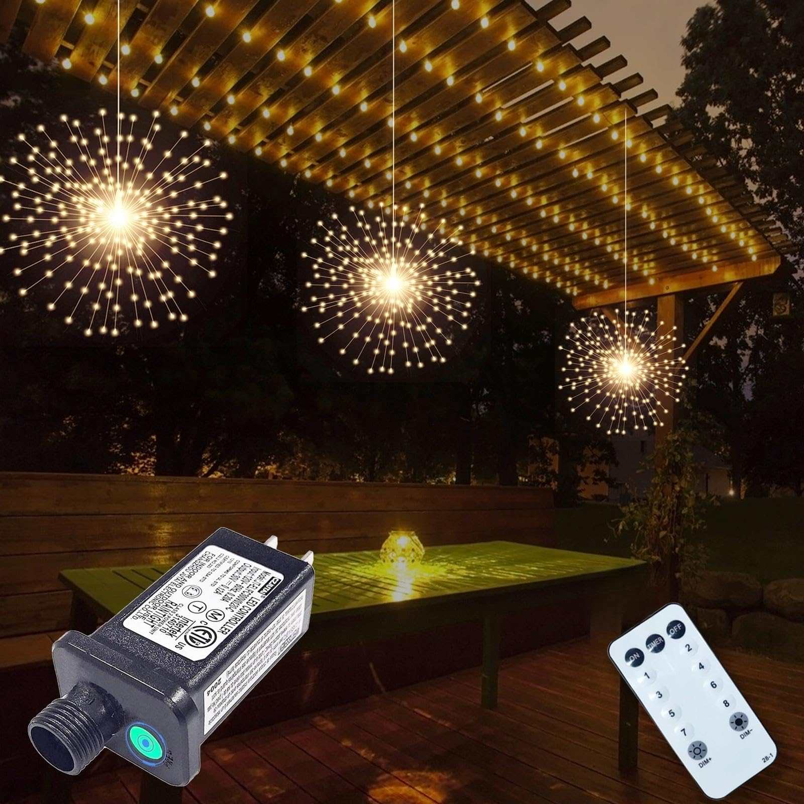 PXBNIUYA 3 PCS 600 LED Plug in Starburst Lights,Firework Lights Warm White | Remote Control,8 Modes Dimmable Waterproof Hanging Fairy Light, Copper Wire Light for Patio Party Tent Christmas