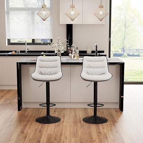 Miniatura 7 de Kidol & Shellder Juego de 2 taburetes de bar ajustables giratorios blancos, tapizados de piel sintética con espalda, modernos taburetes de altura de