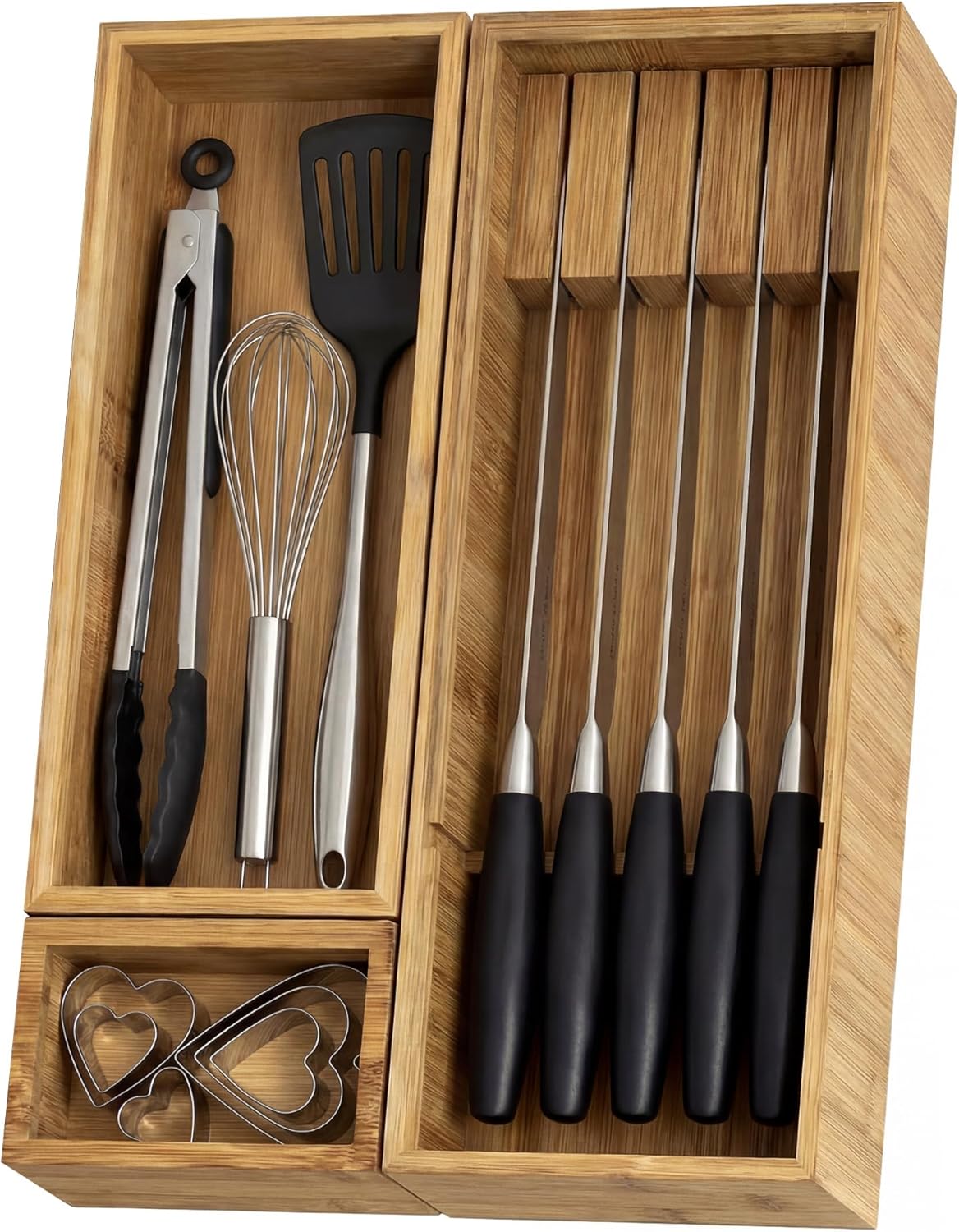 KOCWELL Bamboo Silverware Drawer Organizer with Knife Block, 5 Removable Drawer Organizer Bins - Multi-Use for Kitchen Utensils, Office, Makeup, Tools Storage