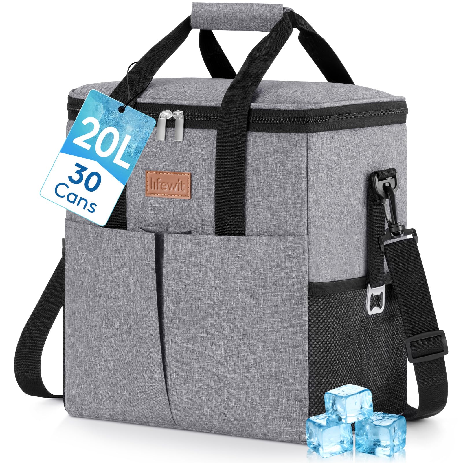 Lifewit Insulated Lunch Cooler Bag 20L, Spacious Leak-Resistant Thermal Tote with Multiple Compartments, Reusable Soft Cooler for Work, Beach Trips, Picnics, Grey