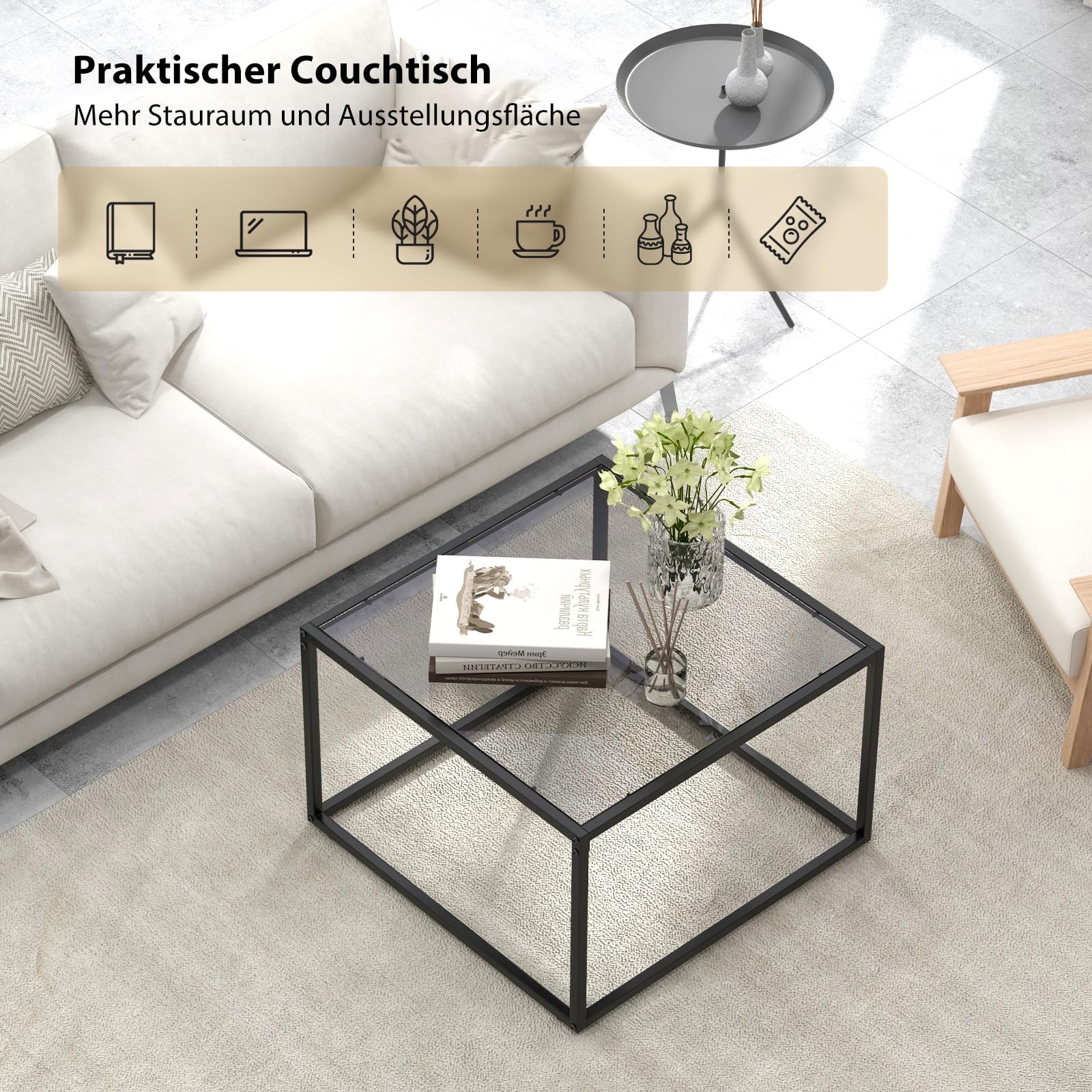 COSTWAY Salontafel van gehard glas, rechthoekige glazen tafel met