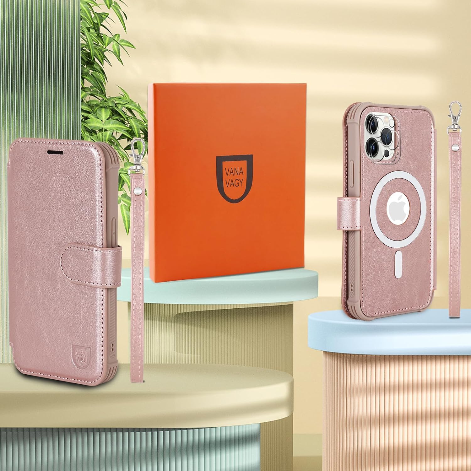 VANAVAGY Compatible for iPhone 13 Pro Max Wallet Case for Magsafe Wireless Charging, PU Leather Flip Folio Phone Case with Wrist Strap RFID Blocking Card Holder Screen Protector,Rose Gold