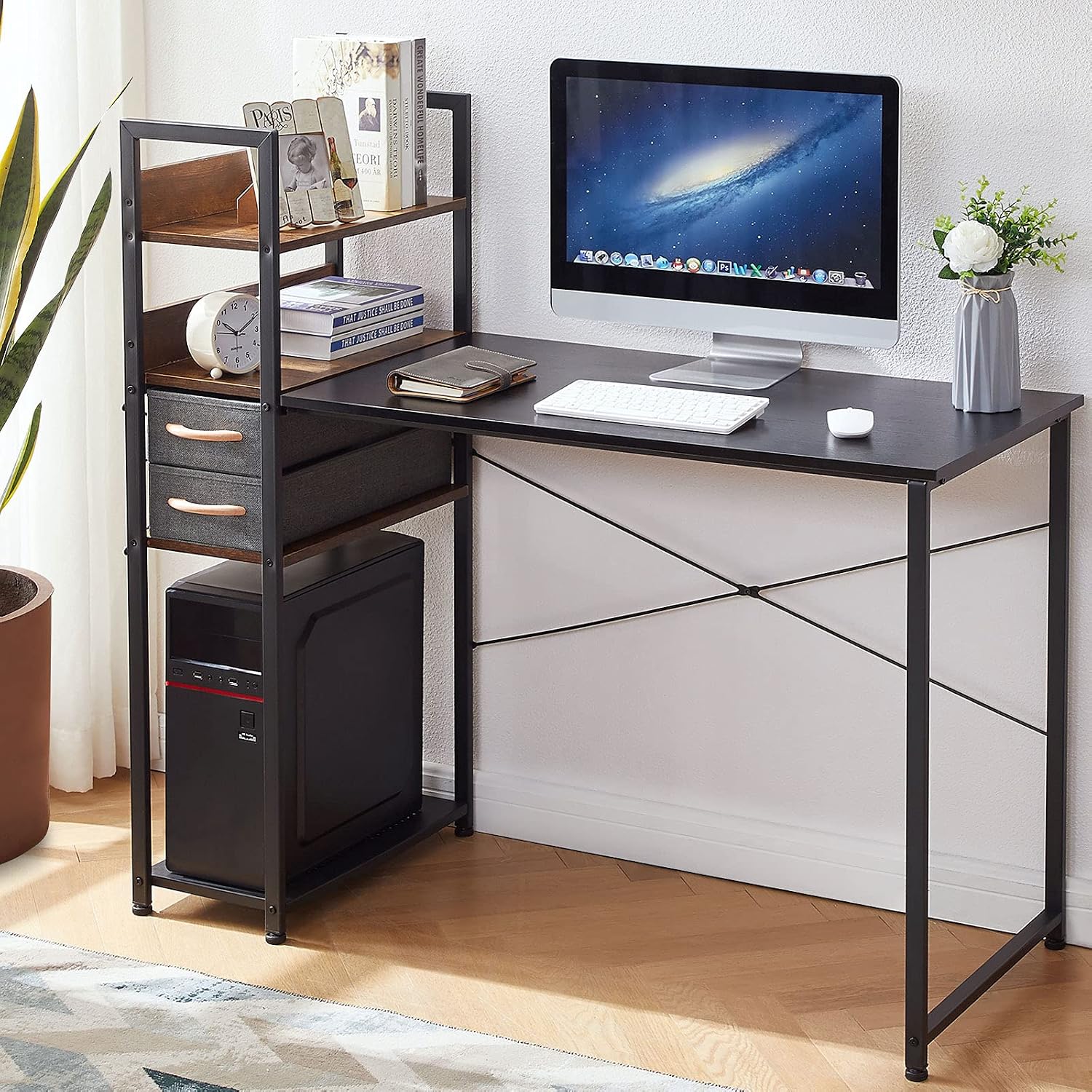 OIAHOMY Computer Desk Storage Shelves Study Writing Table for Home Office with Canvas Drawer-Black & Rustic Brown