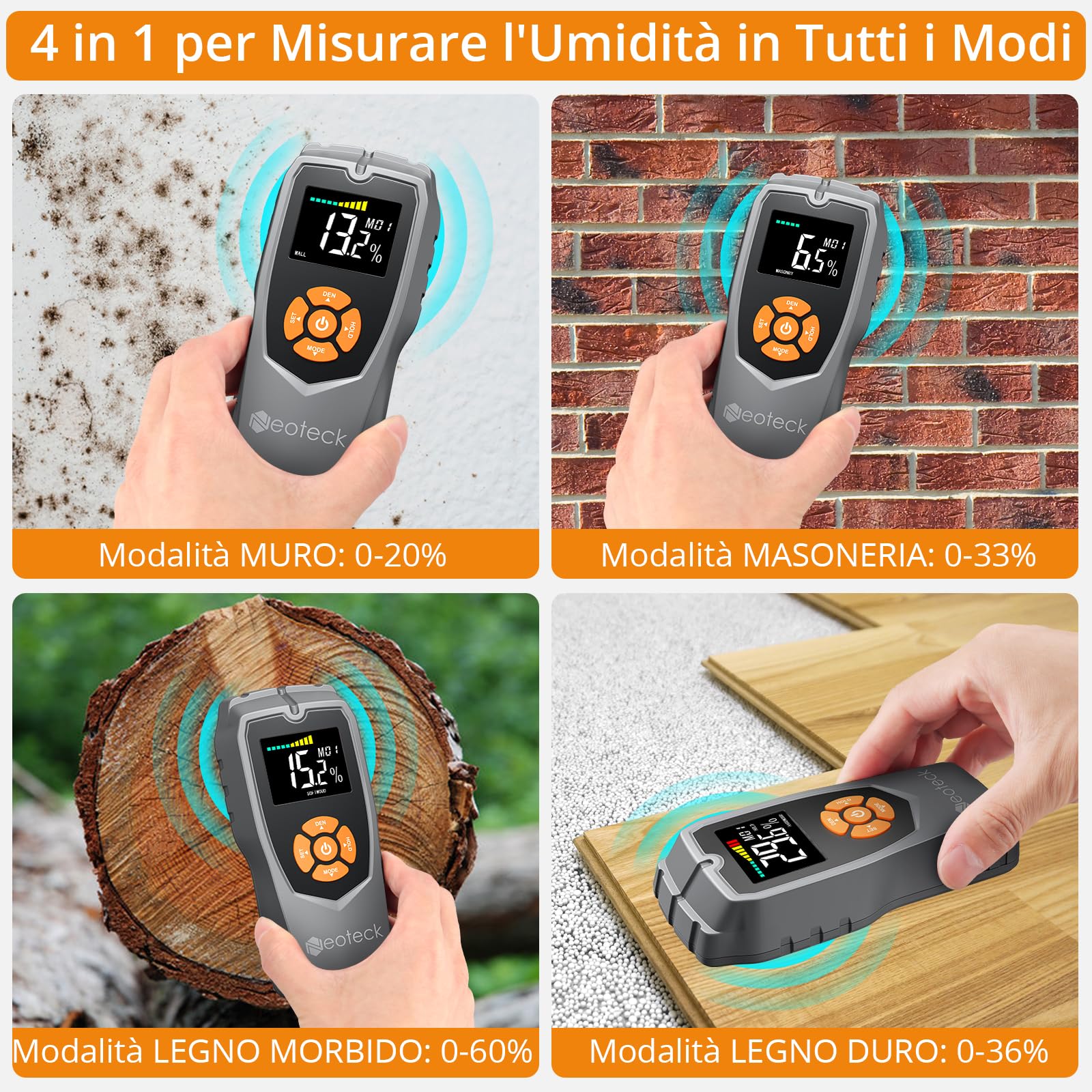 Neoteck Misuratore Umidità Legno con Display LCD Misuratore di Umidità Muri Funzione Allarme Sonoro Igrometro Professionale Senza Ago Rivelatore di Umidità per la Misurazione di Muri Legno Tenero/Duro