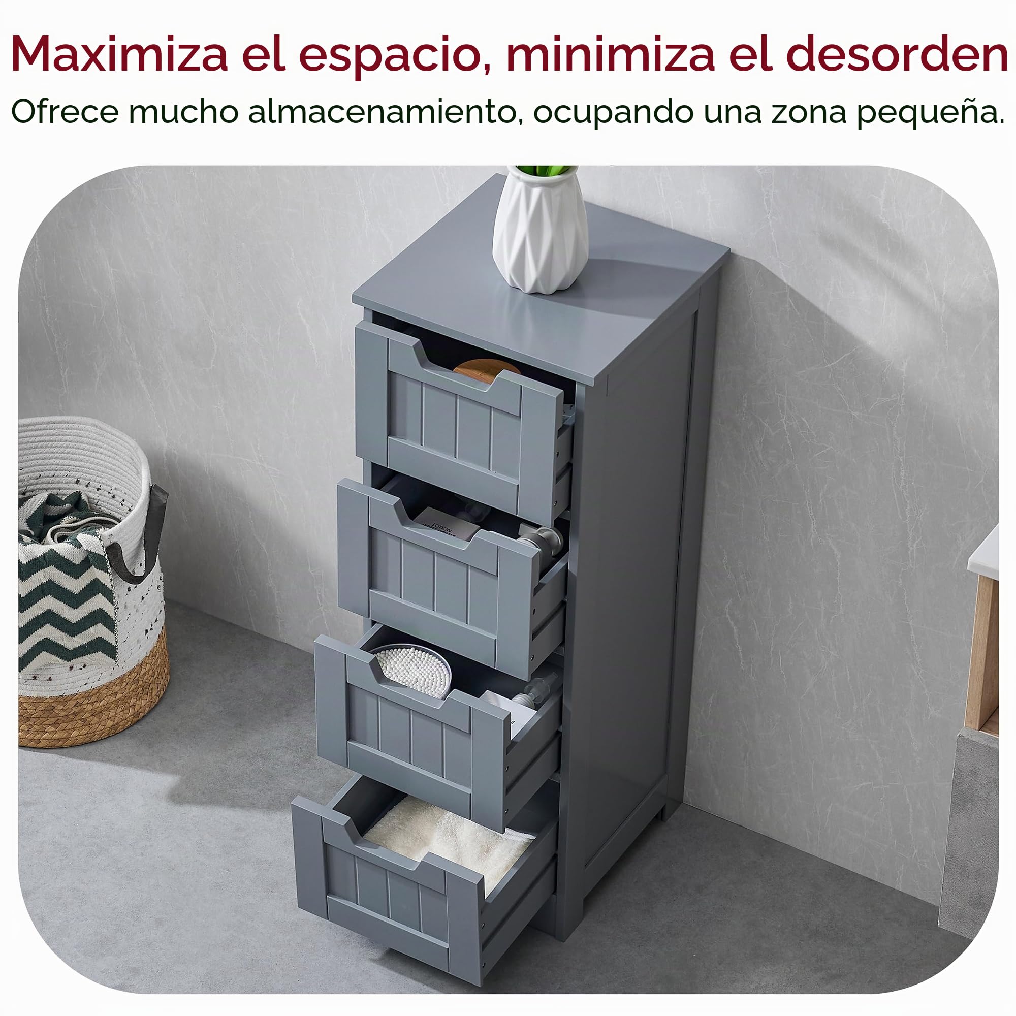 Bath Vida Priano - Armario de pie para baño, 4 cajones, Madera, Color Gris