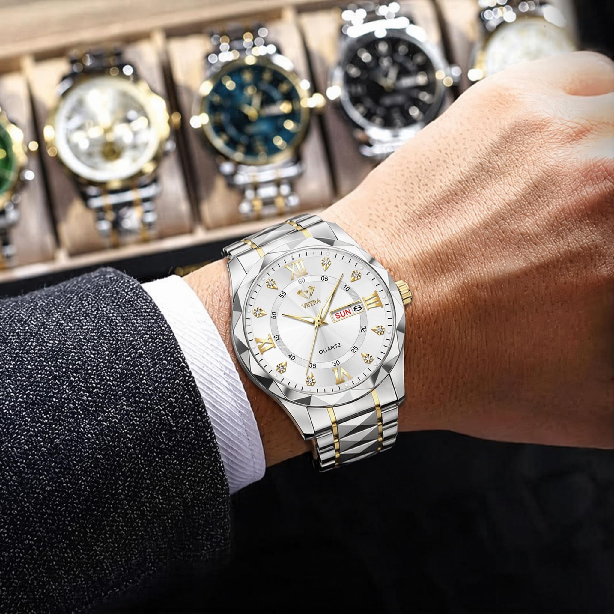 Vetra Herren-Armbanduhr, luxuriös, klassisch, mit Diamanten, modisches Edelstahlband, wasserdicht, leuchtend, Tag und Datum, modisch, minimalistisch, Geschenk für Männer