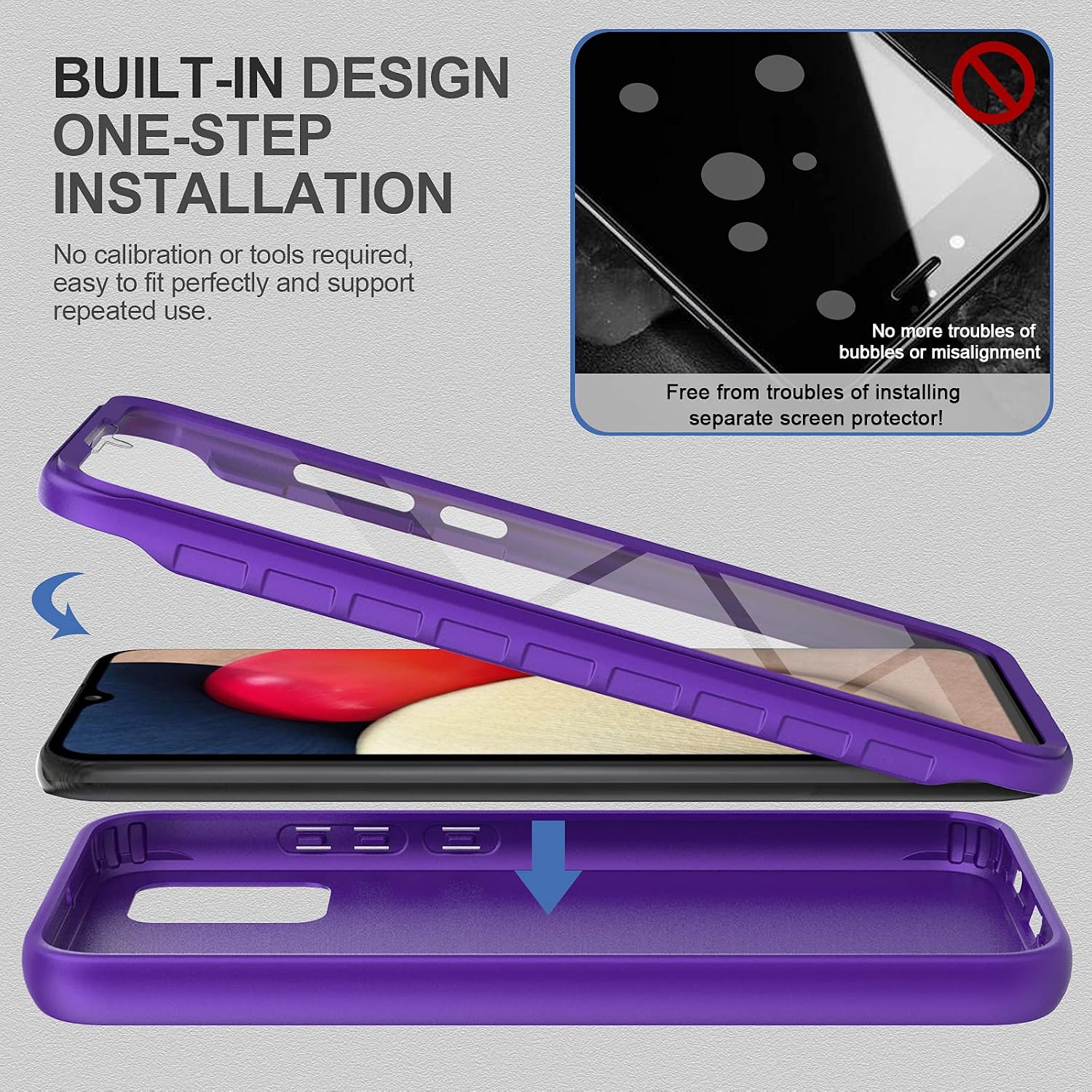 V/A for Samsung Galaxy A02s Case with Built-in Screen Protector, Full Body Protection Shockproof Cover Case, [Rugged PC Front Bumper + Soft TPU Back Cover] Armor Protective Phone Case (Purple)