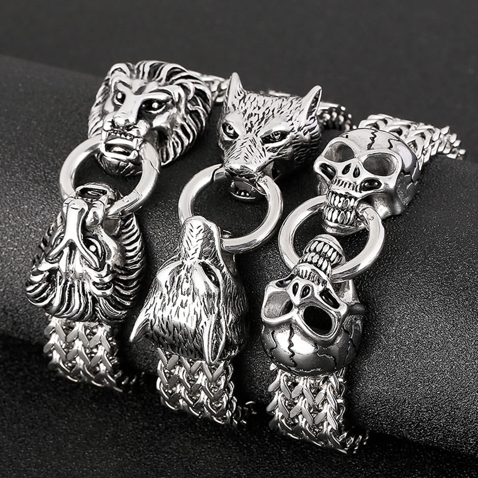 Brazalete Hombre Negro, Pulseras Hombre Acero Inoxidable Punk Calavera Cabeza de León Cabeza de Lobo Brazalete Hombres
